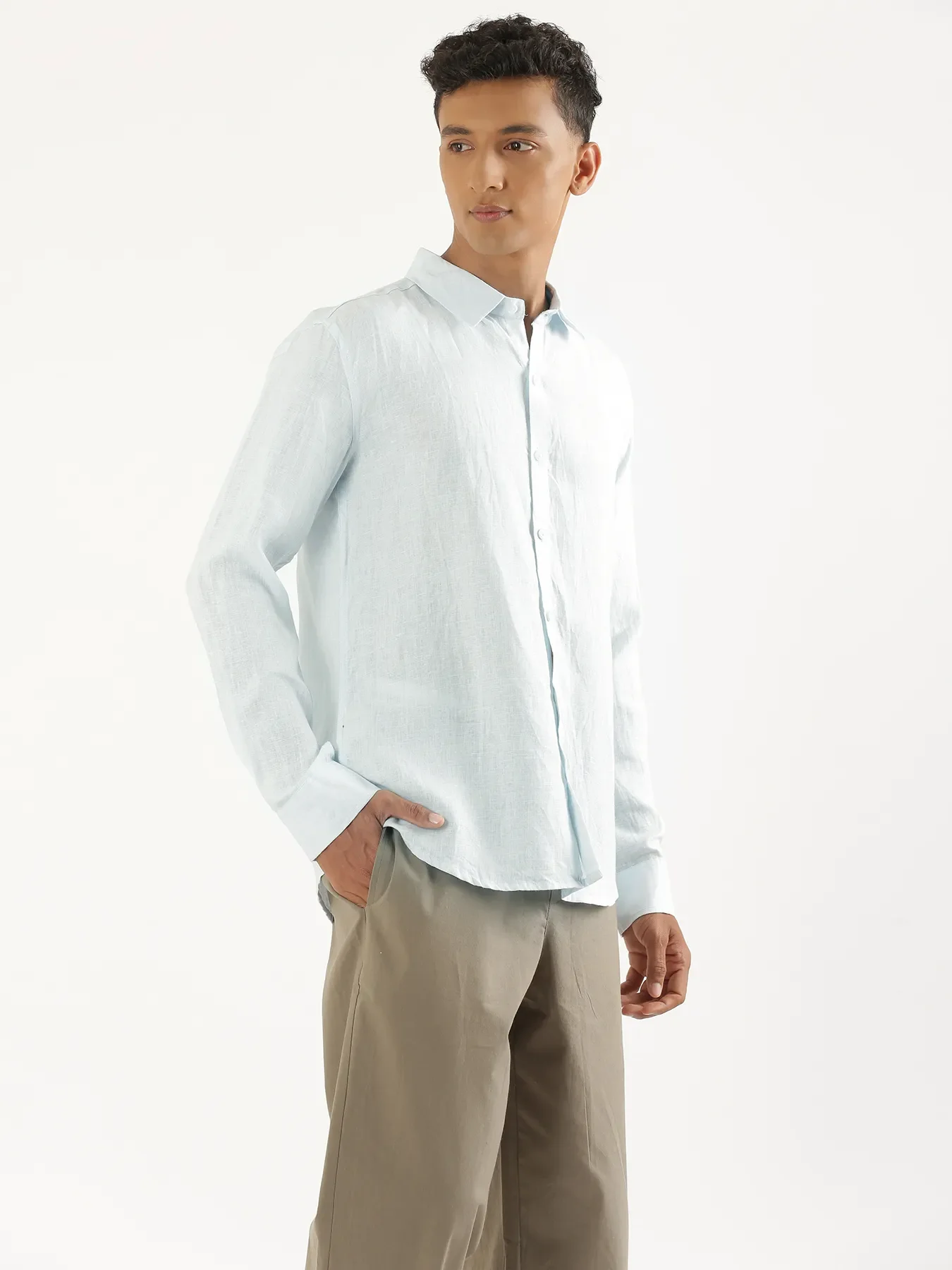 Men Light Blue Pure Linen Full Sleeve Shirt - Image 10