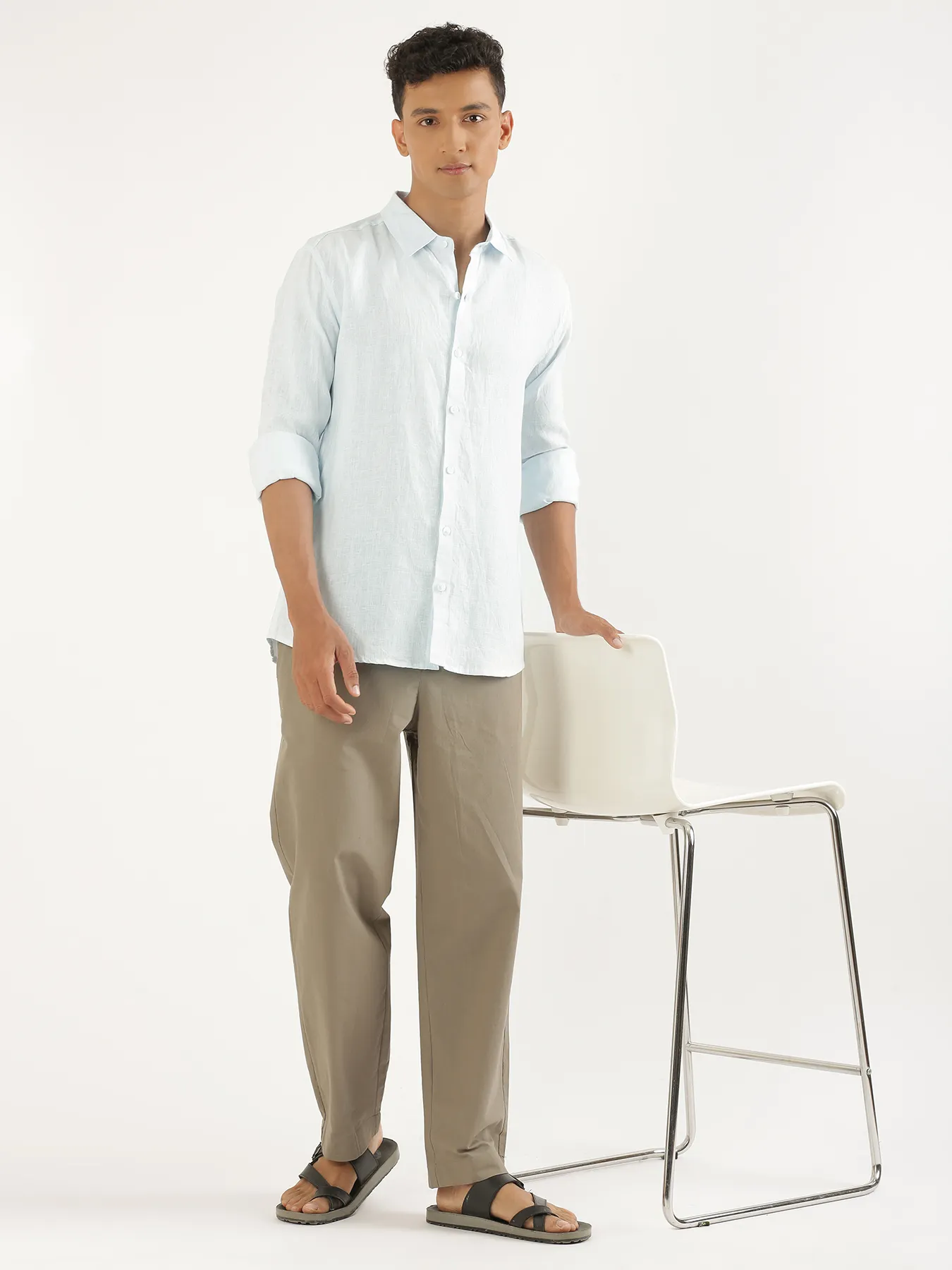 Men Light Blue Pure Linen Full Sleeve Shirt - Image 11