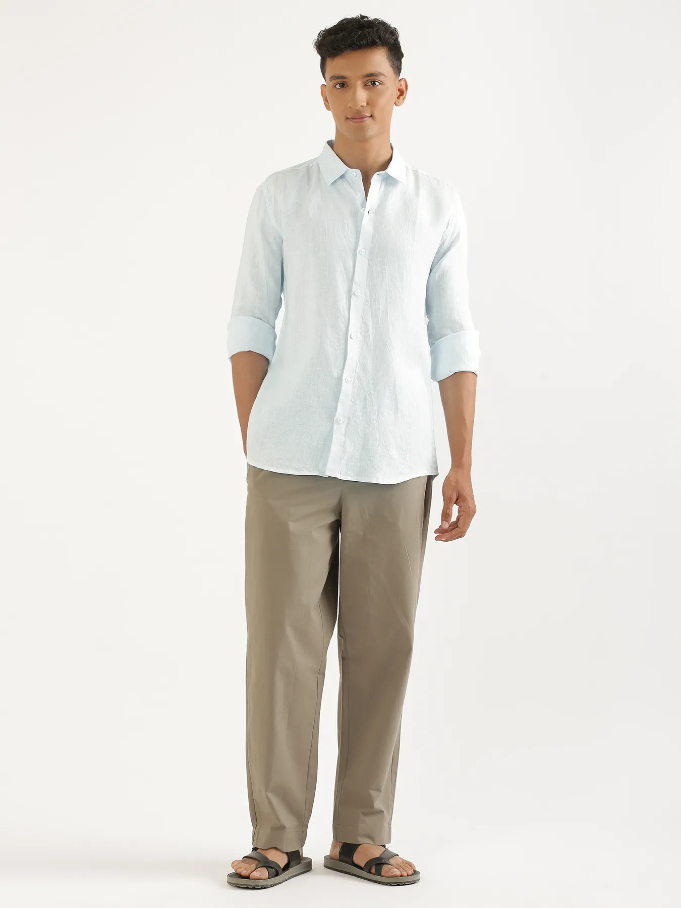 Men Light Blue Pure Linen Full Sleeve Shirt - Image 3