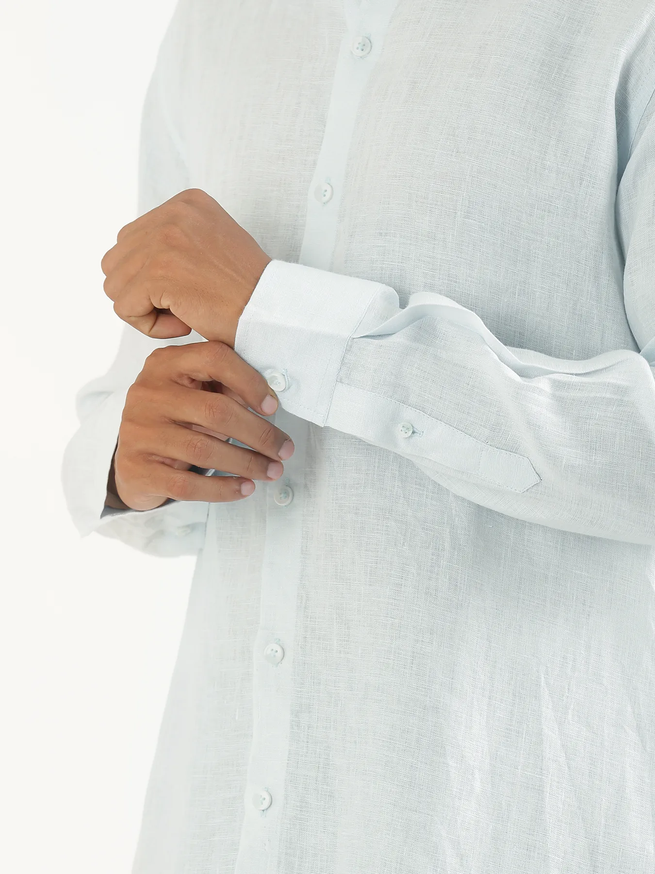 Men Light Blue Pure Linen Full Sleeve Shirt - Image 6