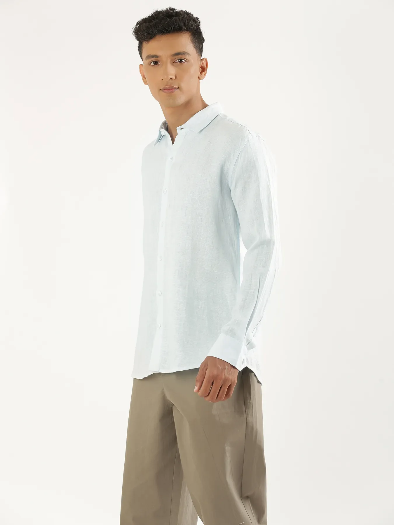 Men Light Blue Pure Linen Full Sleeve Shirt - Image 8