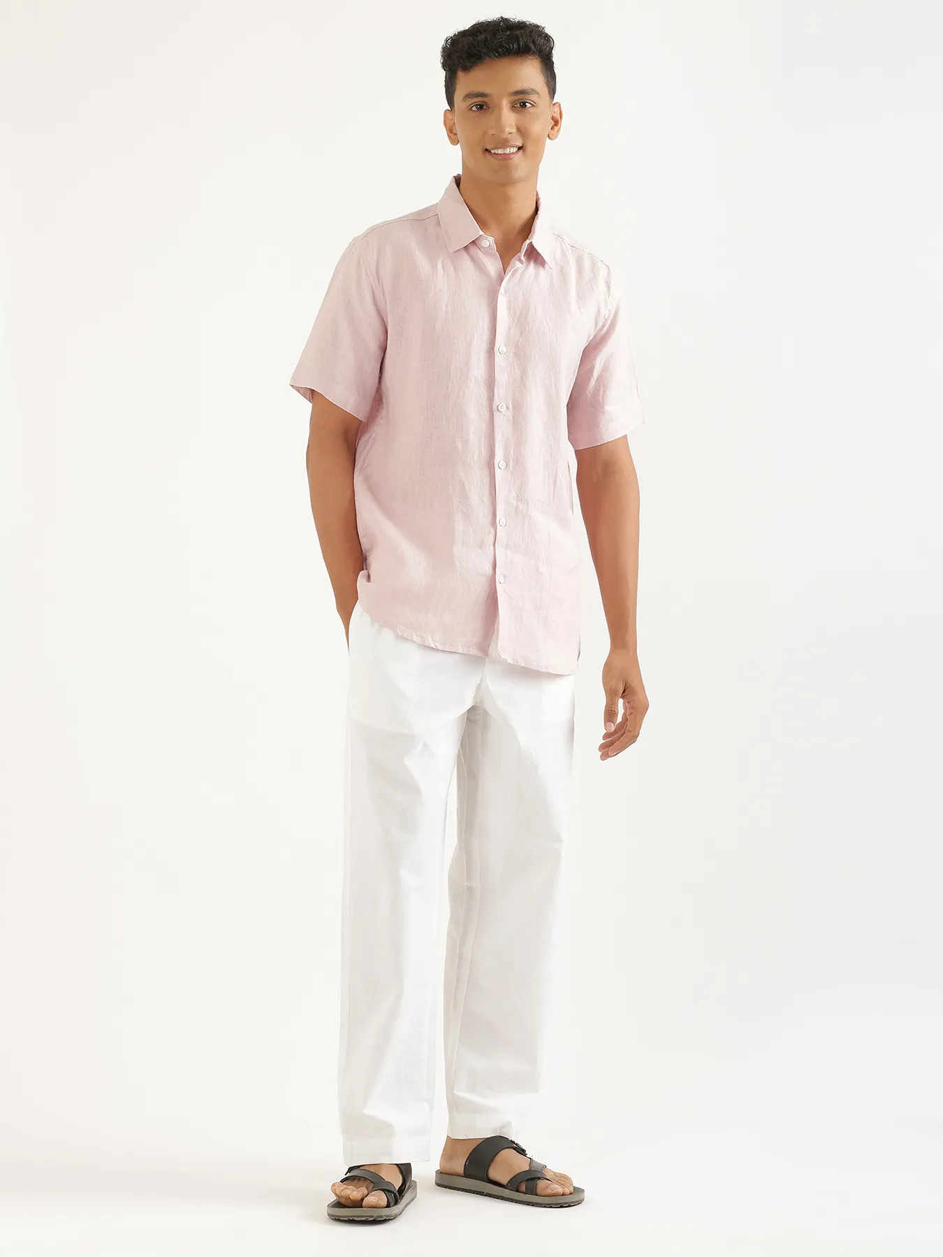 Men Light Pink Pure Linen Short Sleeve Shirt - Image 3