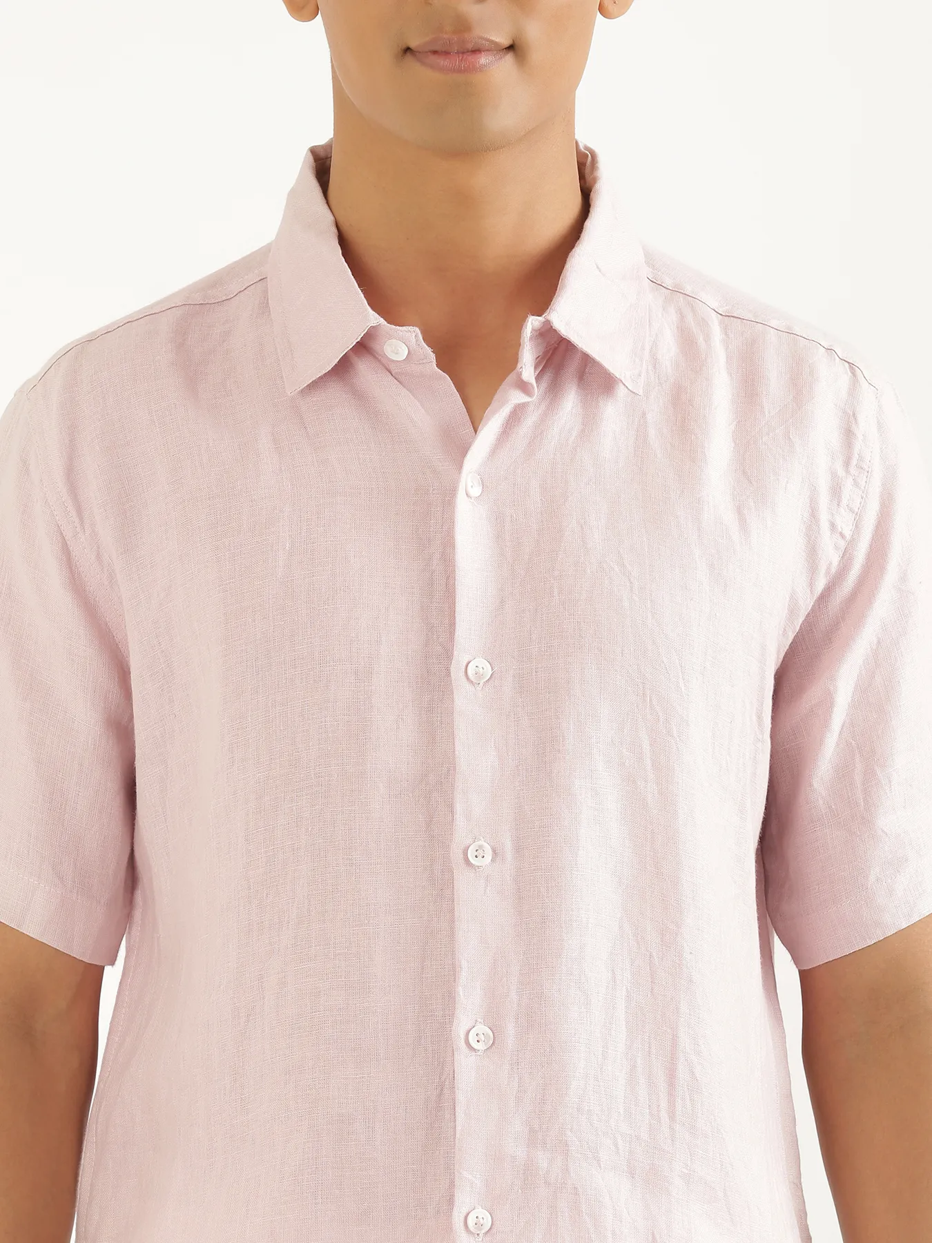 Men Light Pink Pure Linen Short Sleeve Shirt - Image 4
