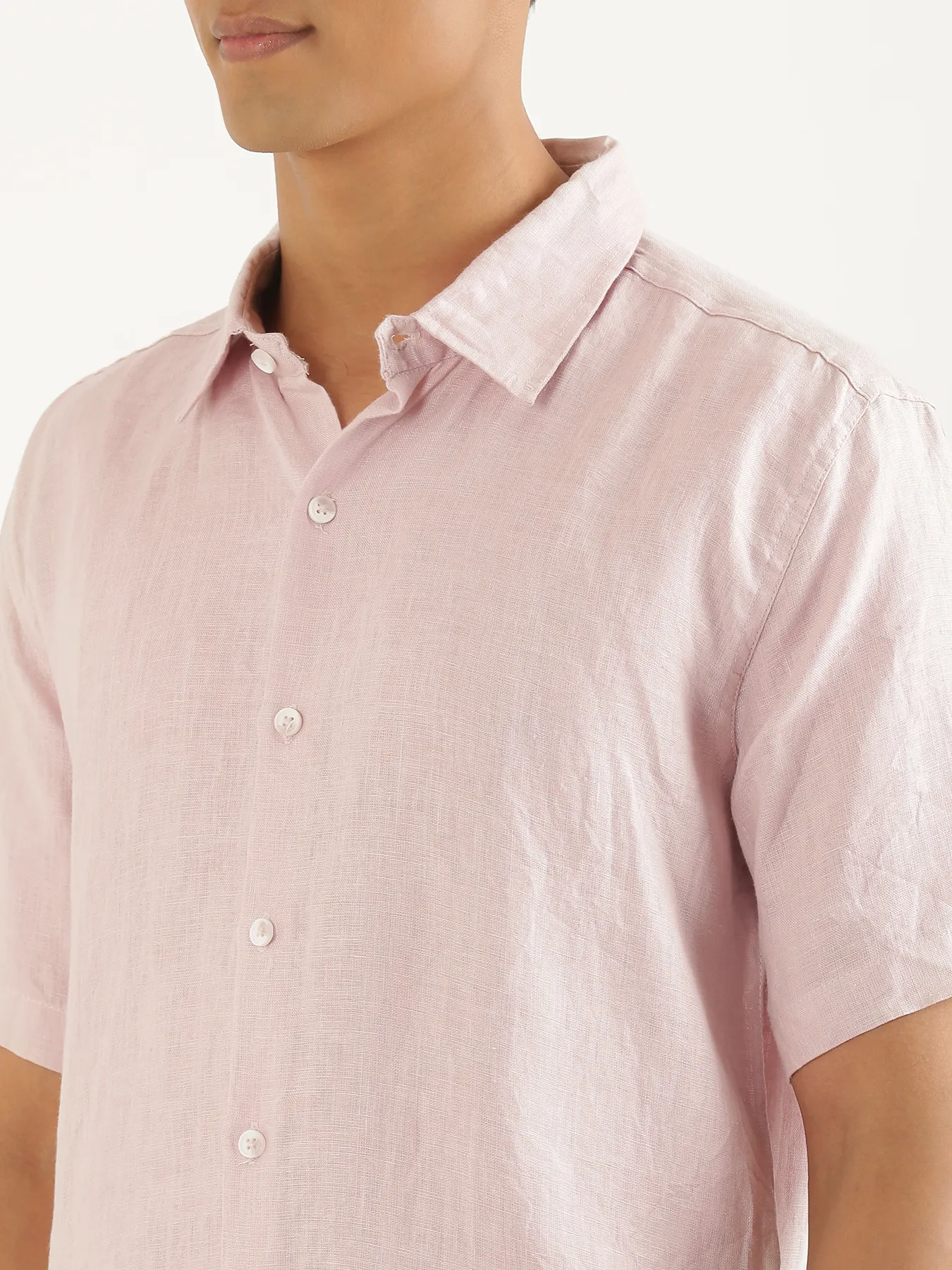 Men Light Pink Pure Linen Short Sleeve Shirt - Image 5