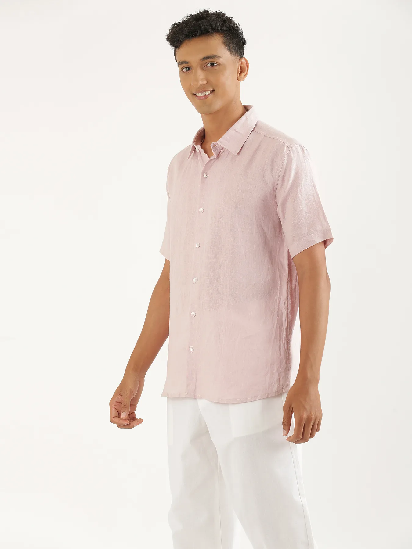Men Light Pink Pure Linen Short Sleeve Shirt - Image 6