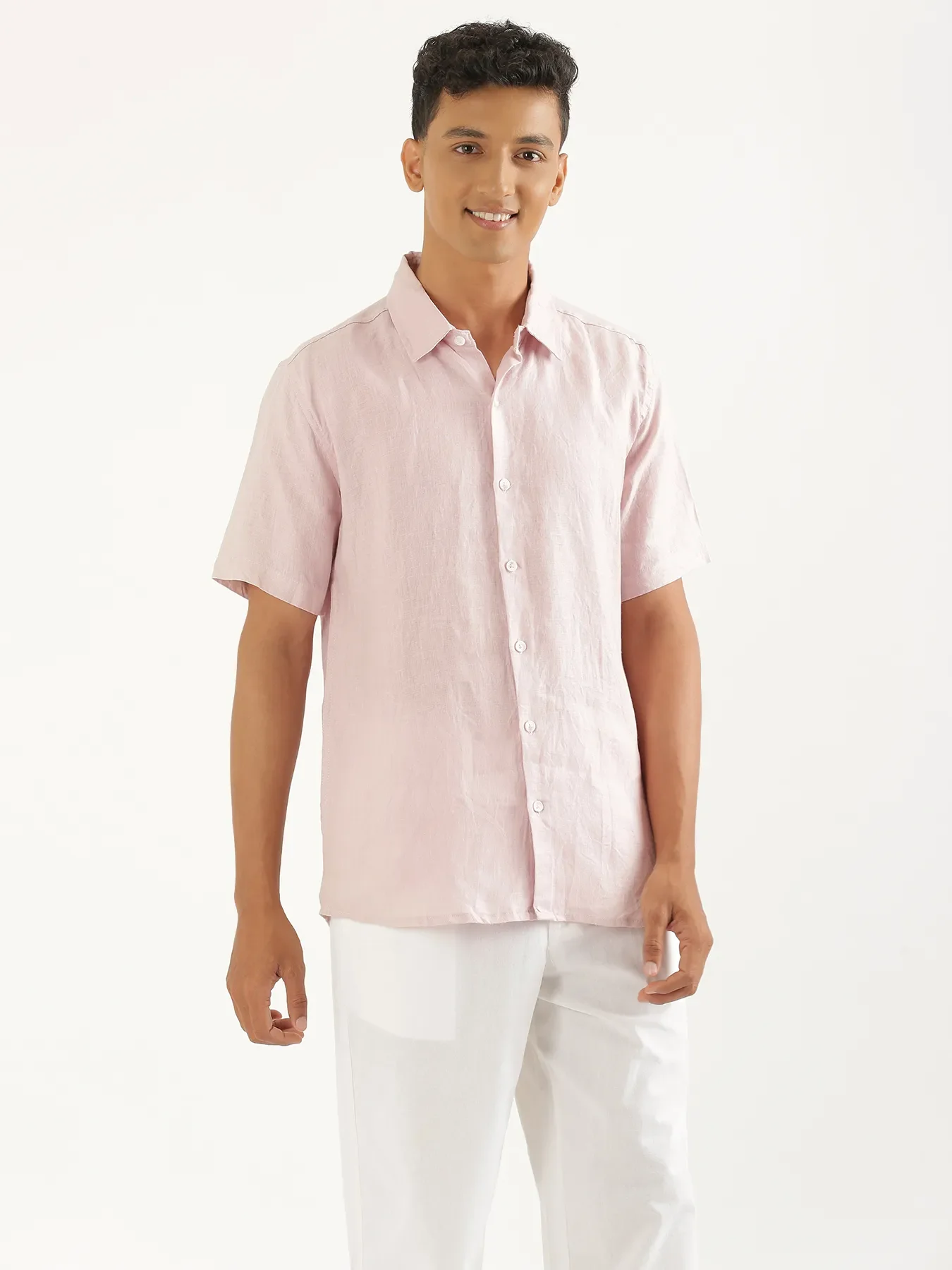 Men Light Pink Pure Linen Short Sleeve Shirt - Image 7