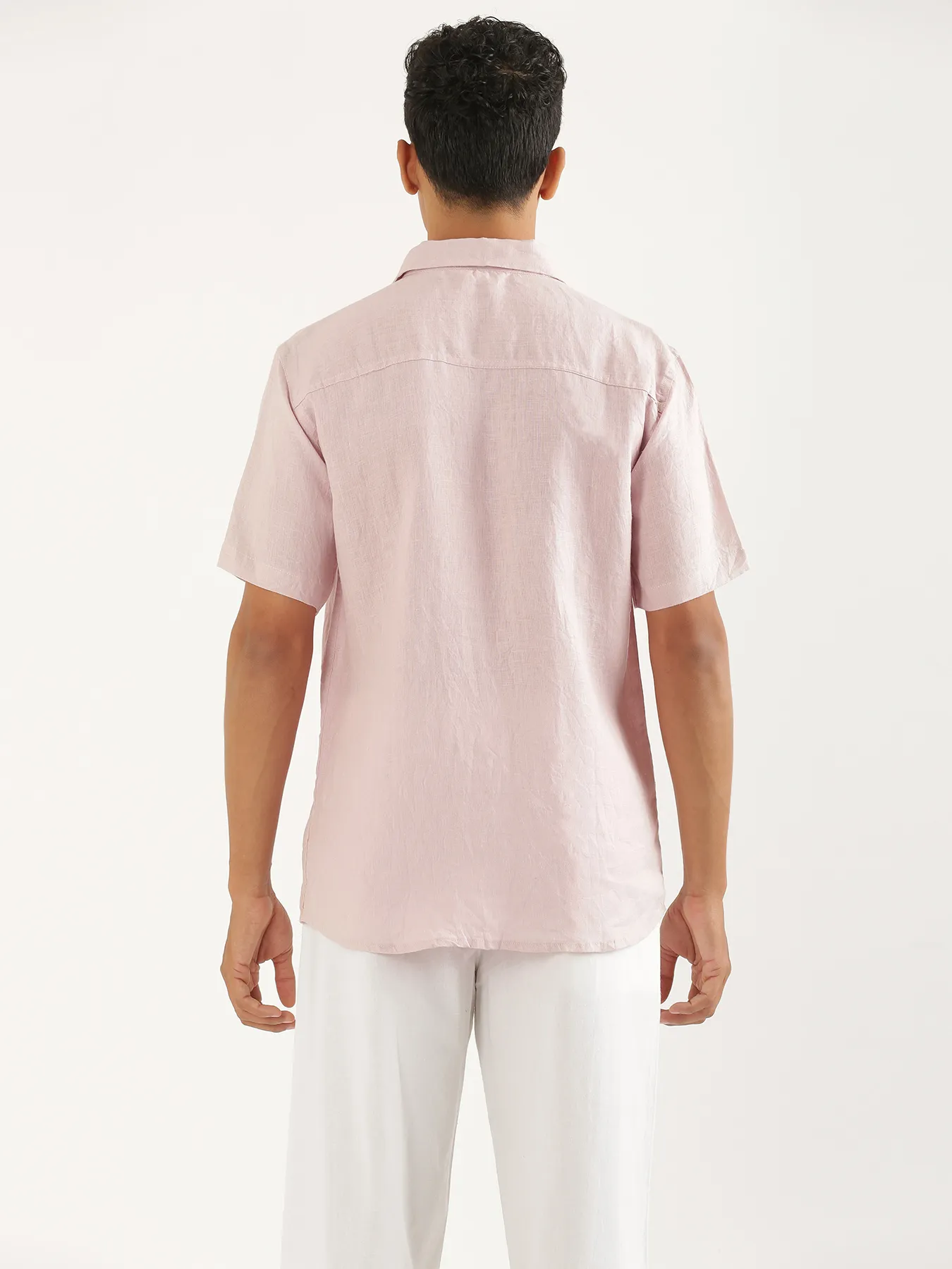 Men Light Pink Pure Linen Short Sleeve Shirt - Image 8