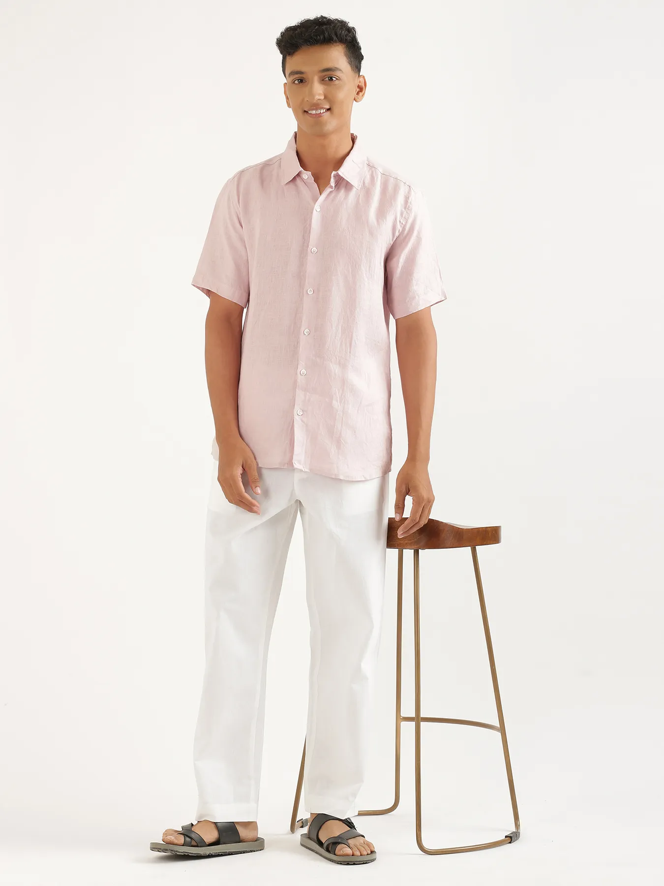 Men Light Pink Pure Linen Short Sleeve Shirt - Image 9