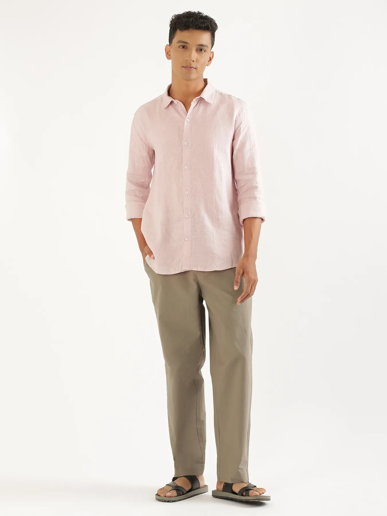 Men Light Pink Pure Linen Full Sleeve Shirt - Image 3
