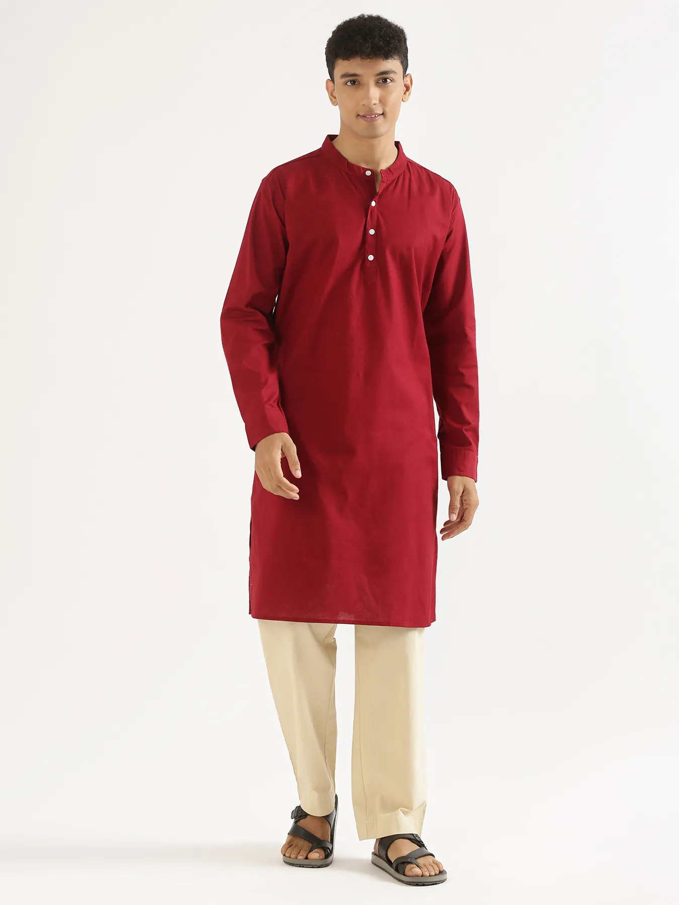 Men Maroon Airy Linen Long Kurta - Image 9