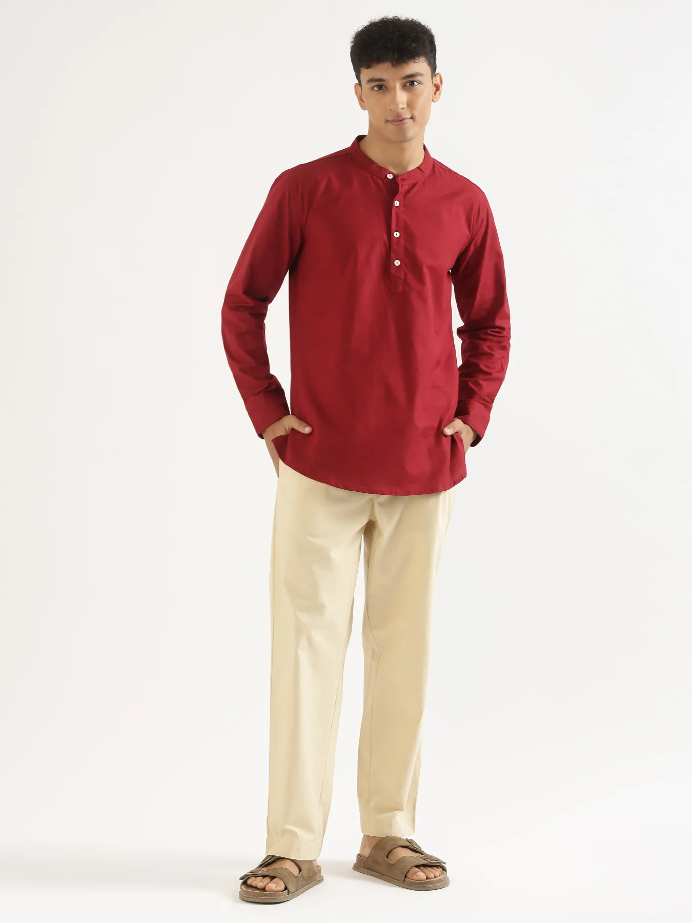 Men Maroon Airy Linen Short Kurta - Image 10