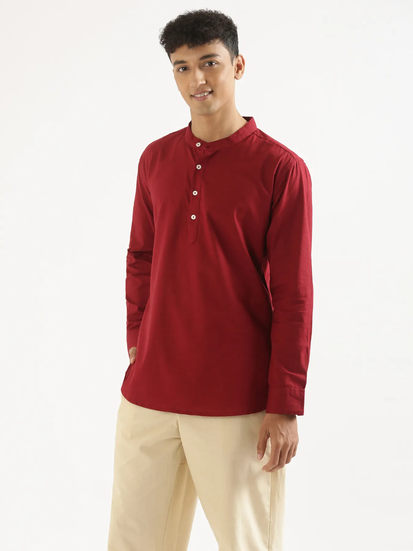 Men Maroon Airy Linen Short Kurta - Image 12