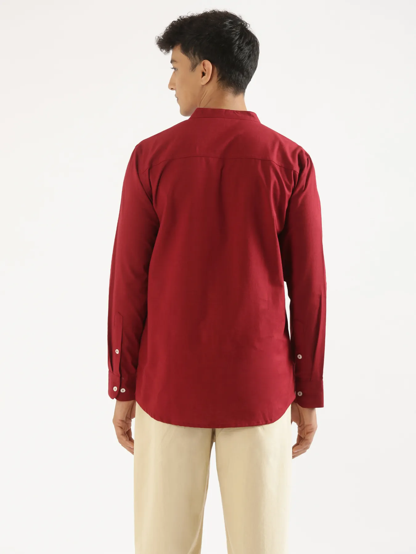 Men Maroon Airy Linen Short Kurta - Image 9