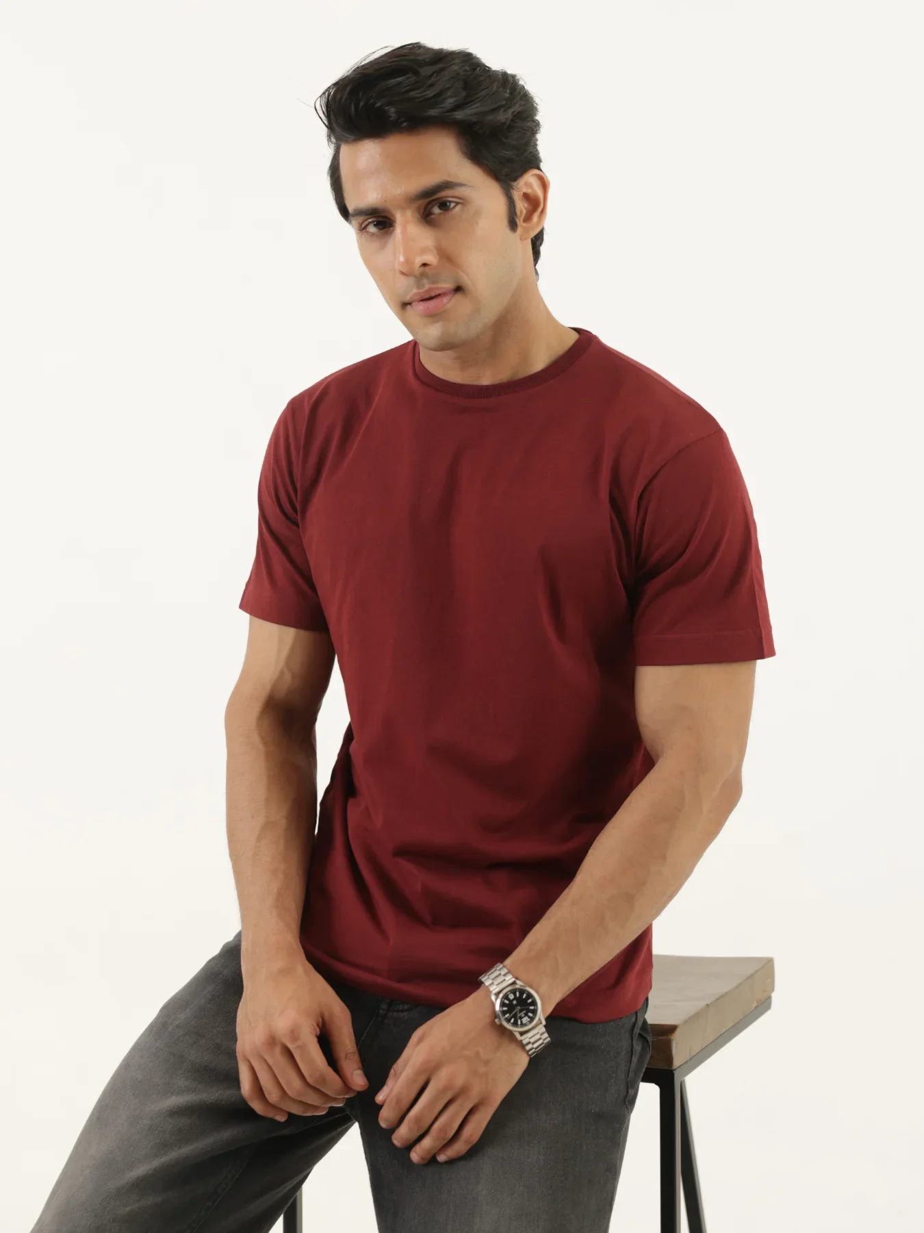 Men Maroon Round Neck T-shirt - Image 8