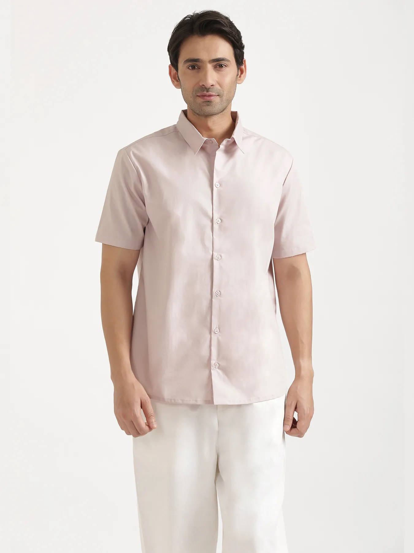 Men Mauve Pink Better Cotton Short Sleeve Shirt & White Cotton Pant - Image 3
