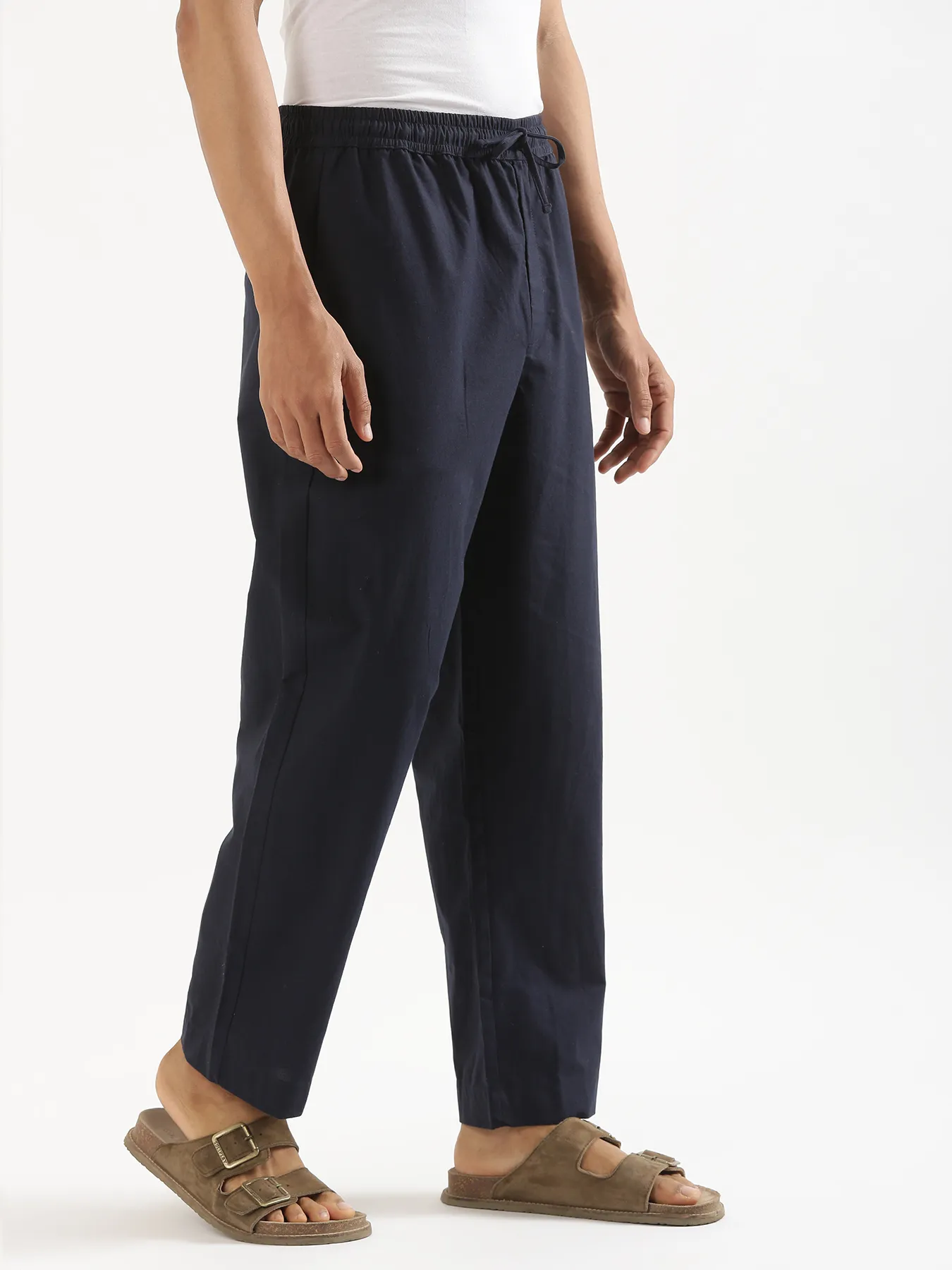 Men Navy Blue & Grey Cotton Pant - Image 4