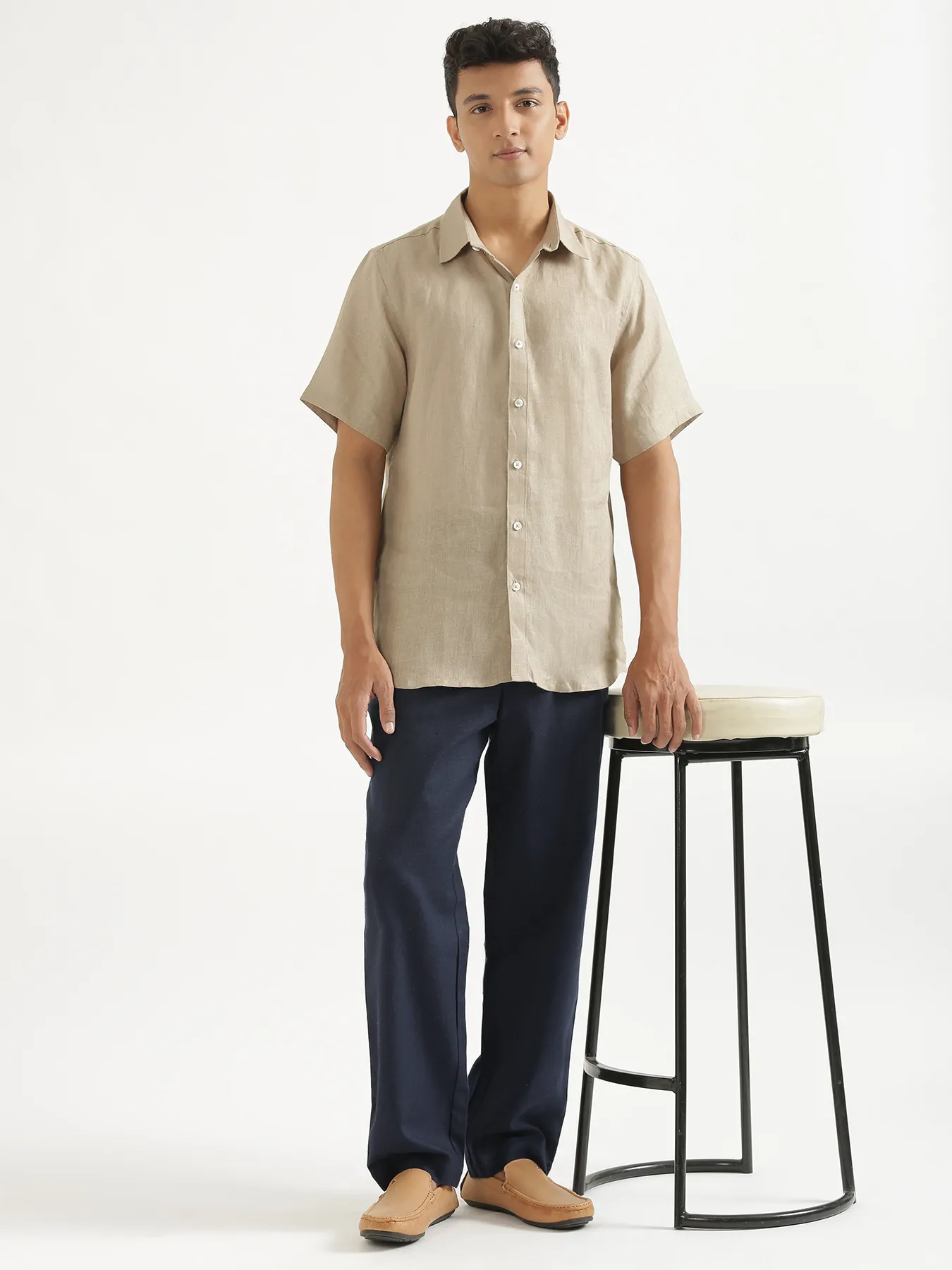 Men Navy Blue Linen Blend Straight Pant - Image 10