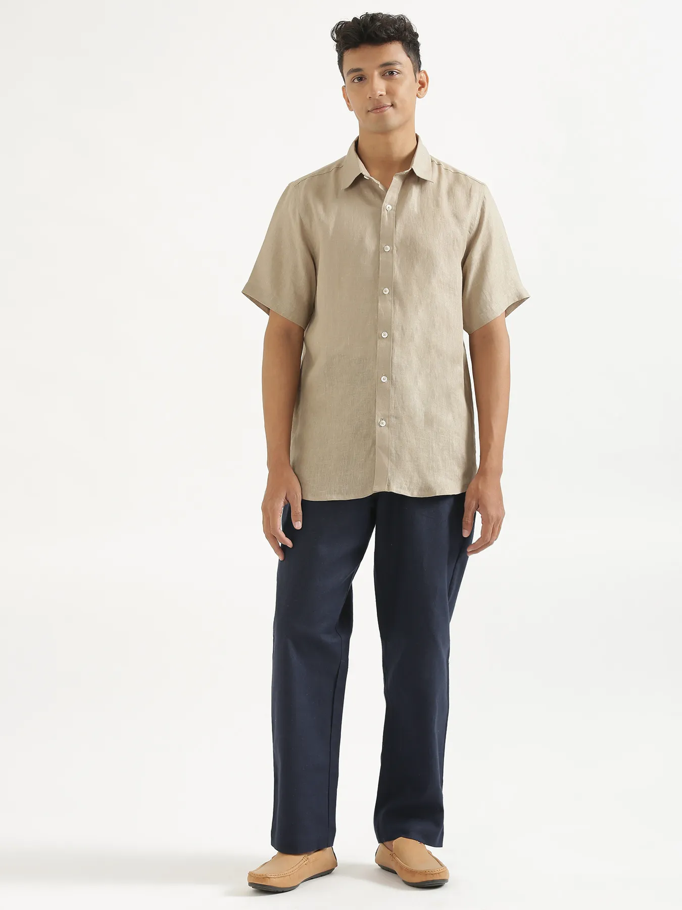 Men Navy Blue Linen Blend Straight Pant - Image 3