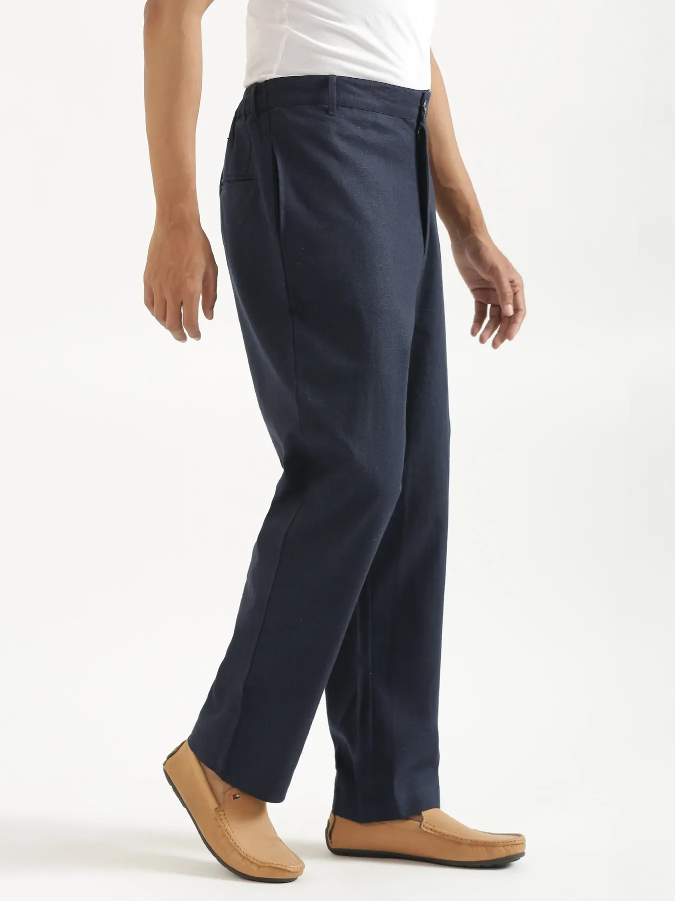 Men Navy Blue Linen Blend Straight Pant - Image 4