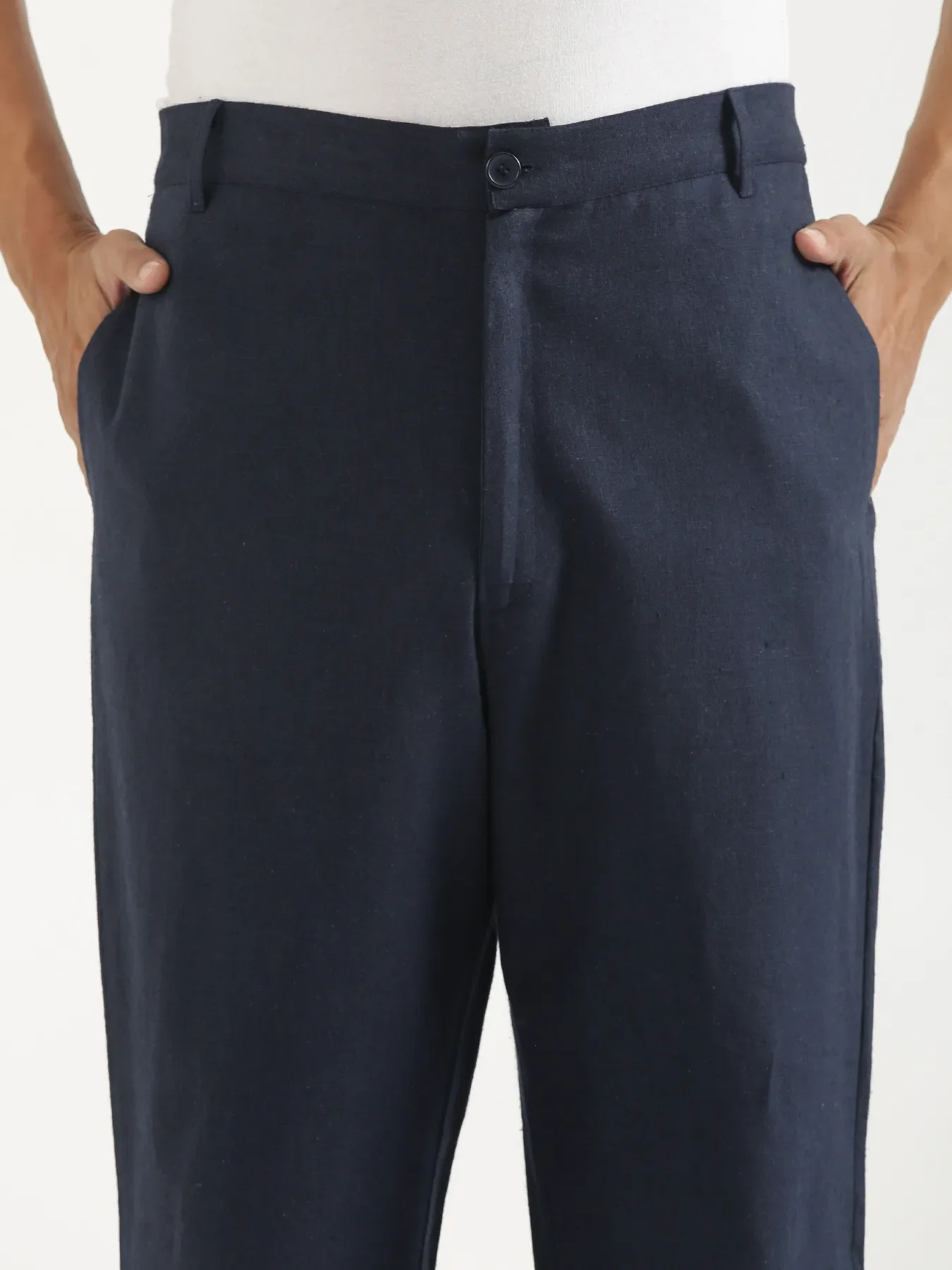 Men Navy Blue Linen Blend Straight Pant - Image 5