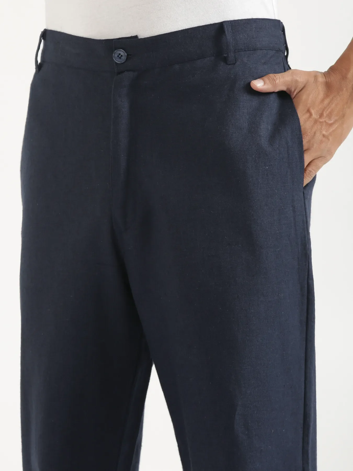Men Navy Blue Linen Blend Straight Pant - Image 6