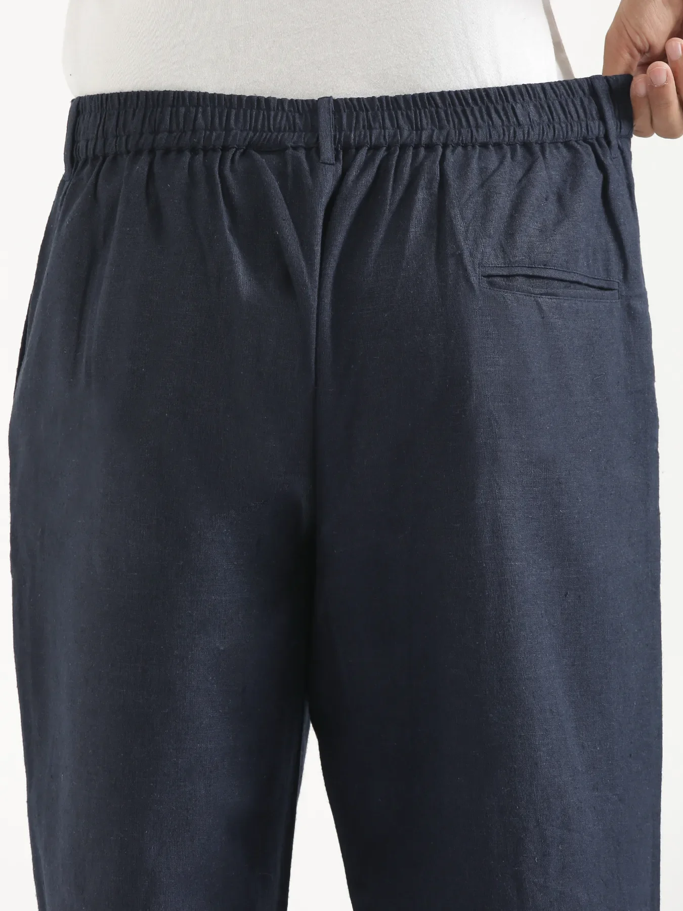 Men Navy Blue Linen Blend Straight Pant - Image 7