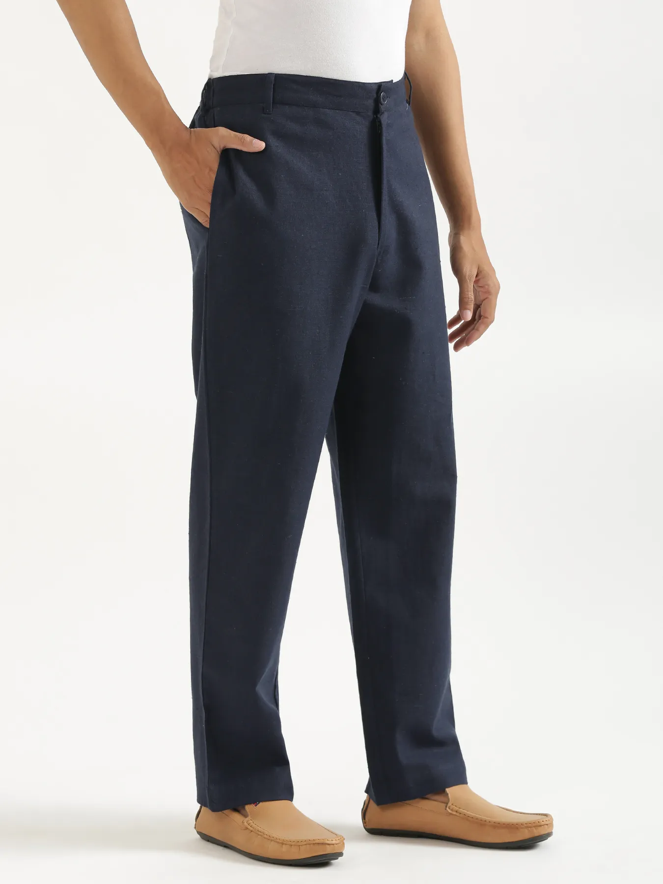 Men Navy Blue Linen Blend Straight Pant - Image 9