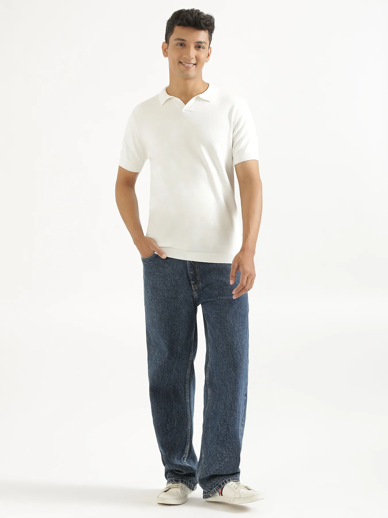 Men Off White Flat Knit Polo - Image 3