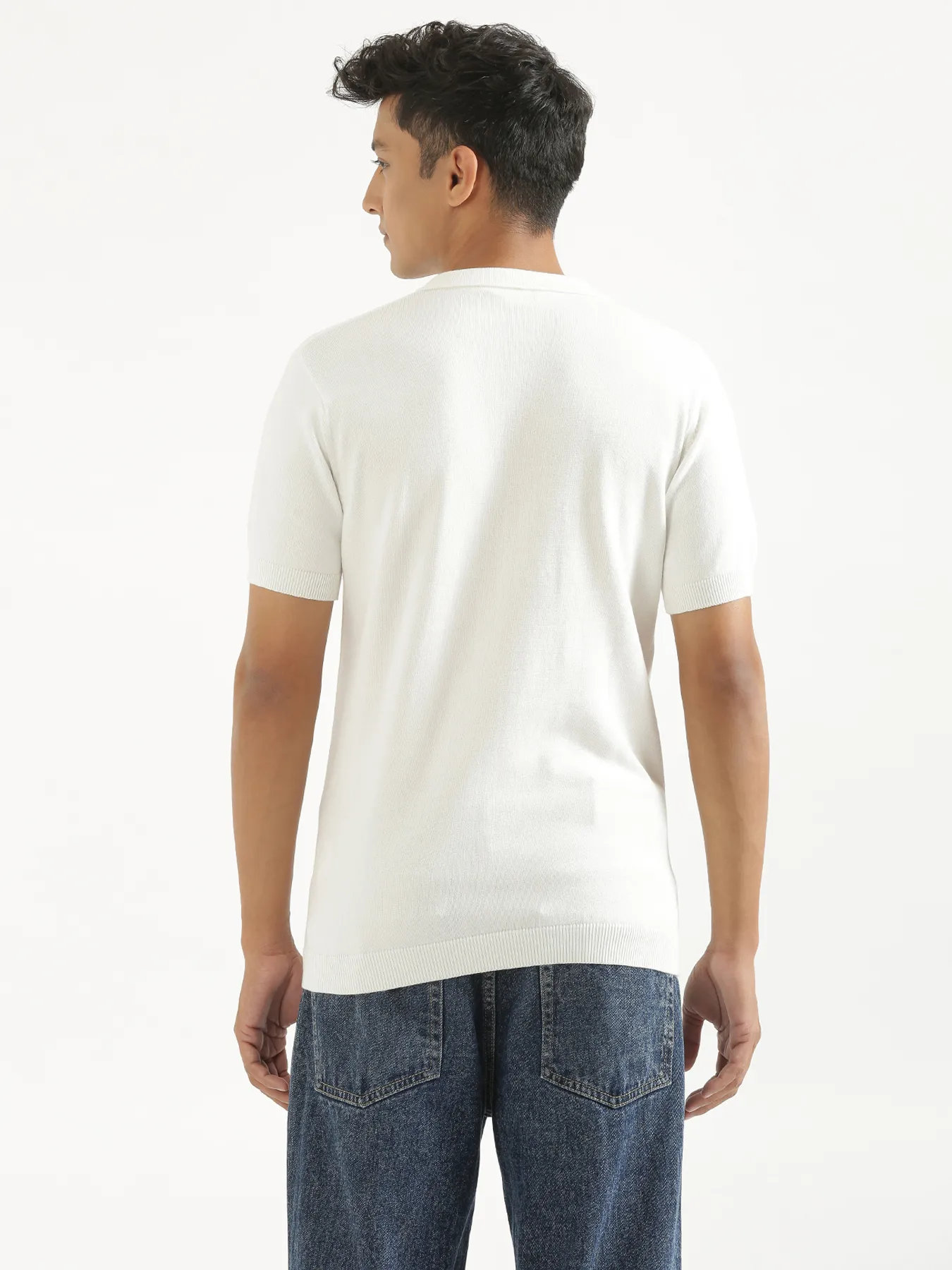 Men Off White Flat Knit Polo - Image 7