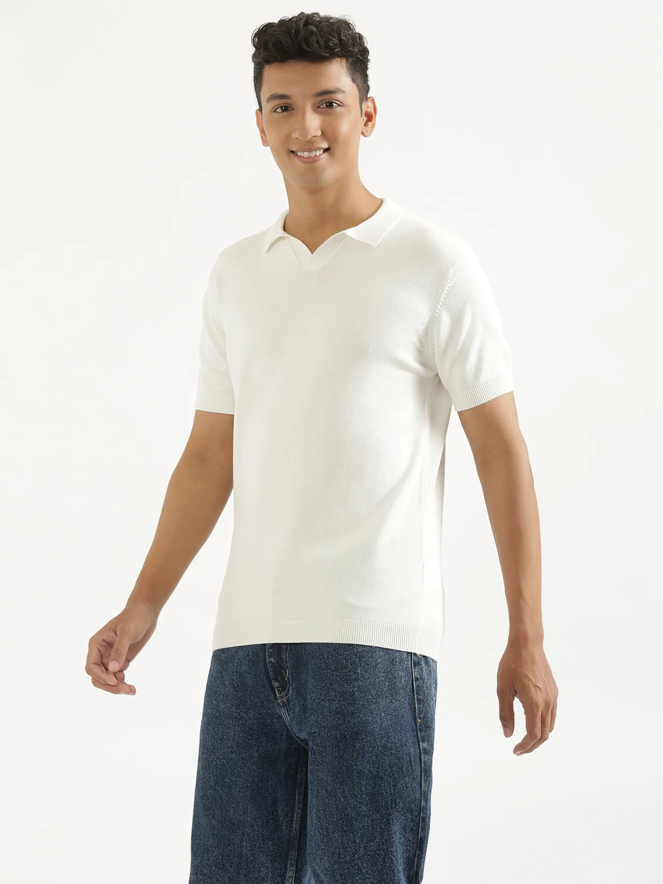 Men Off White Flat Knit Polo - Image 8