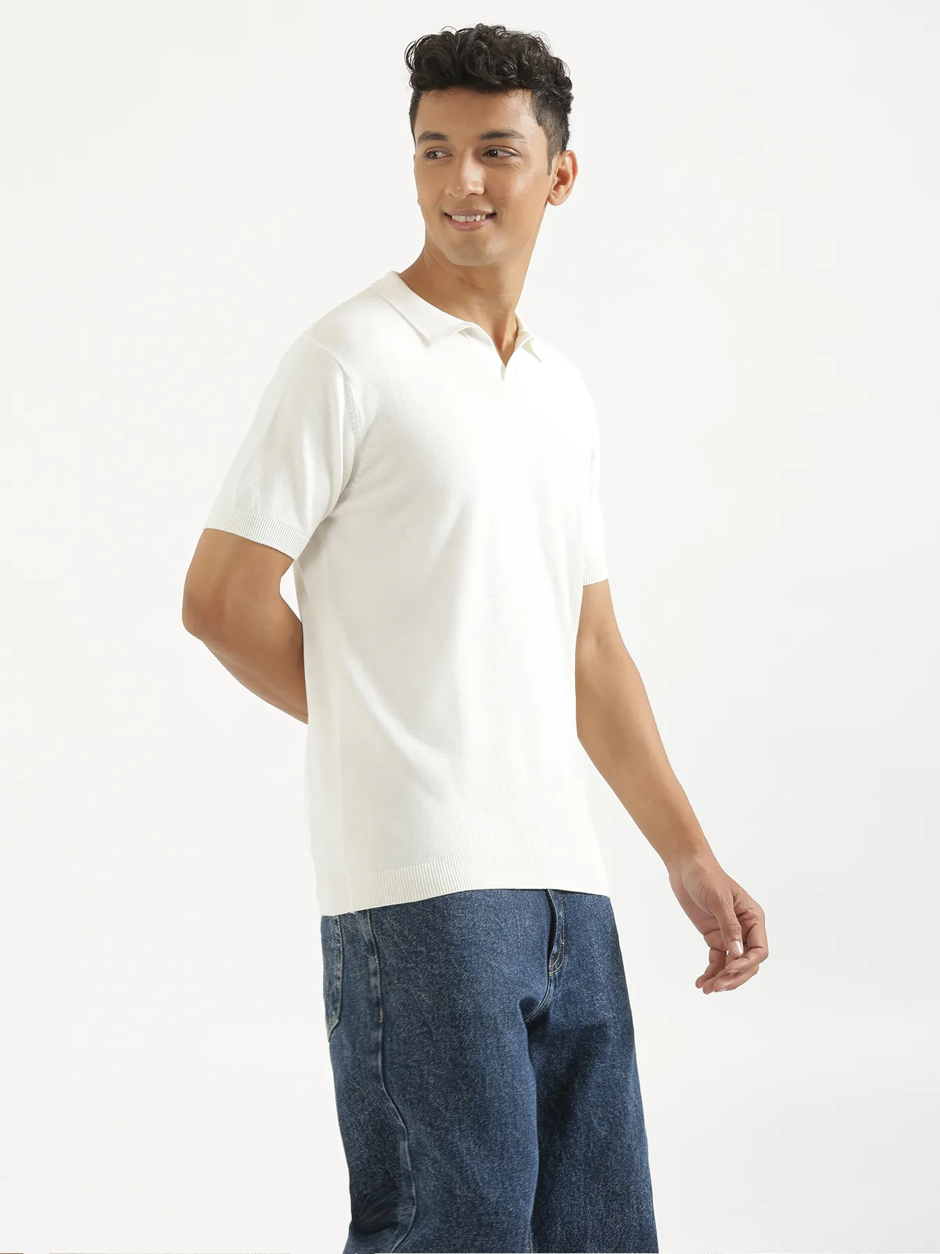 Men Off White Flat Knit Polo - Image 9