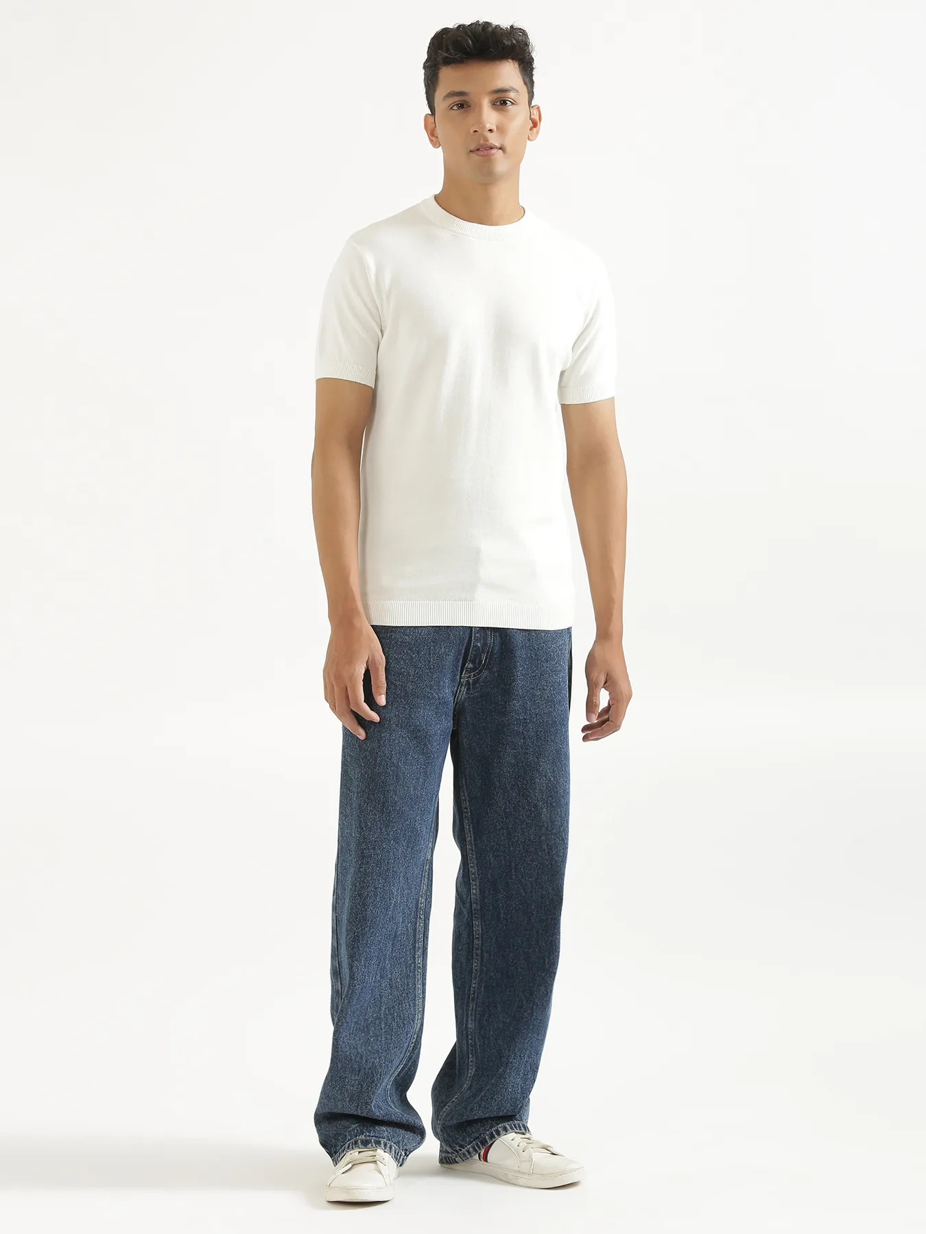 Men Off White Flat Knit Round Neck T-shirt - Image 3