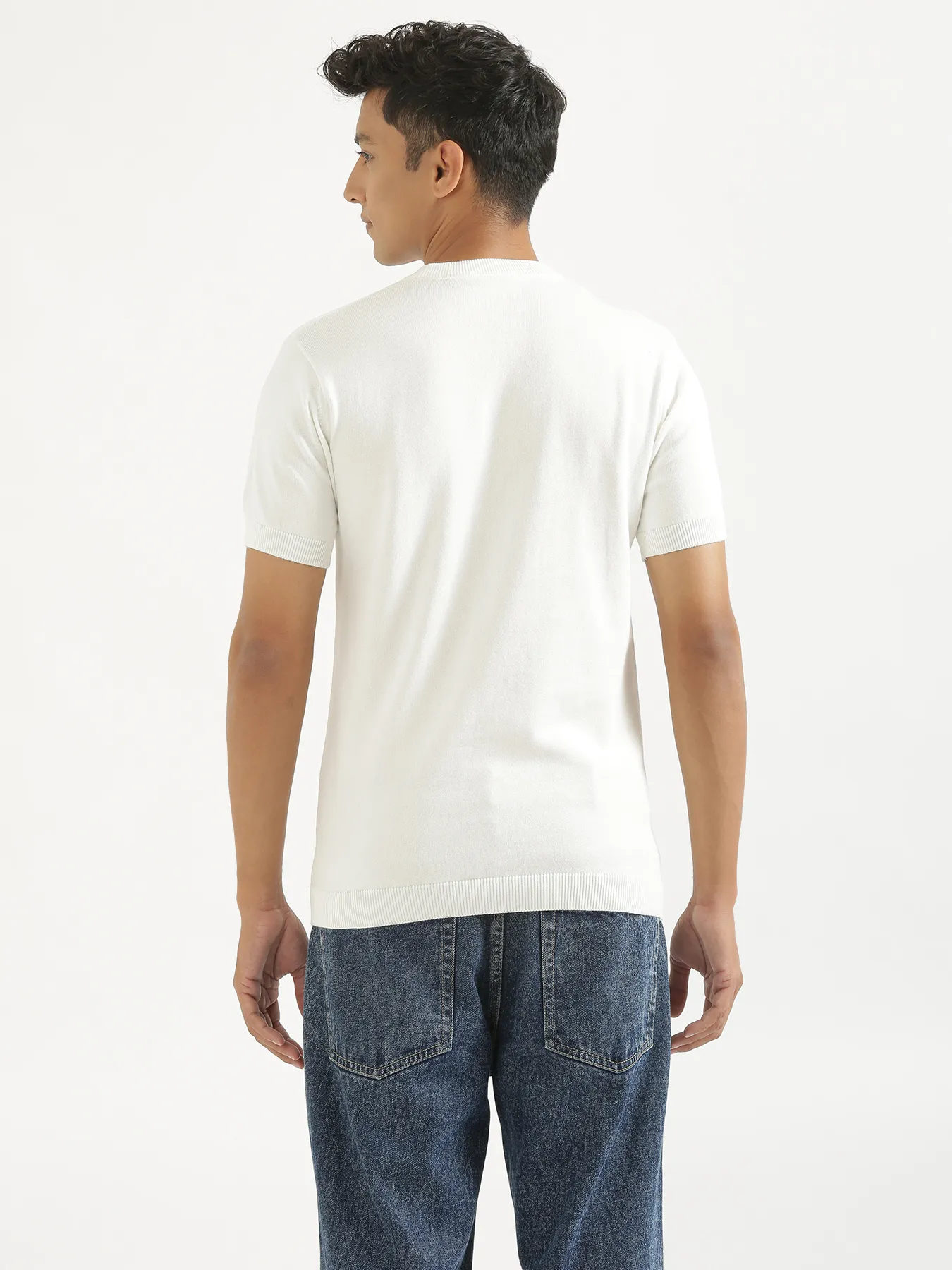 Men Off White Flat Knit Round Neck T-shirt - Image 7