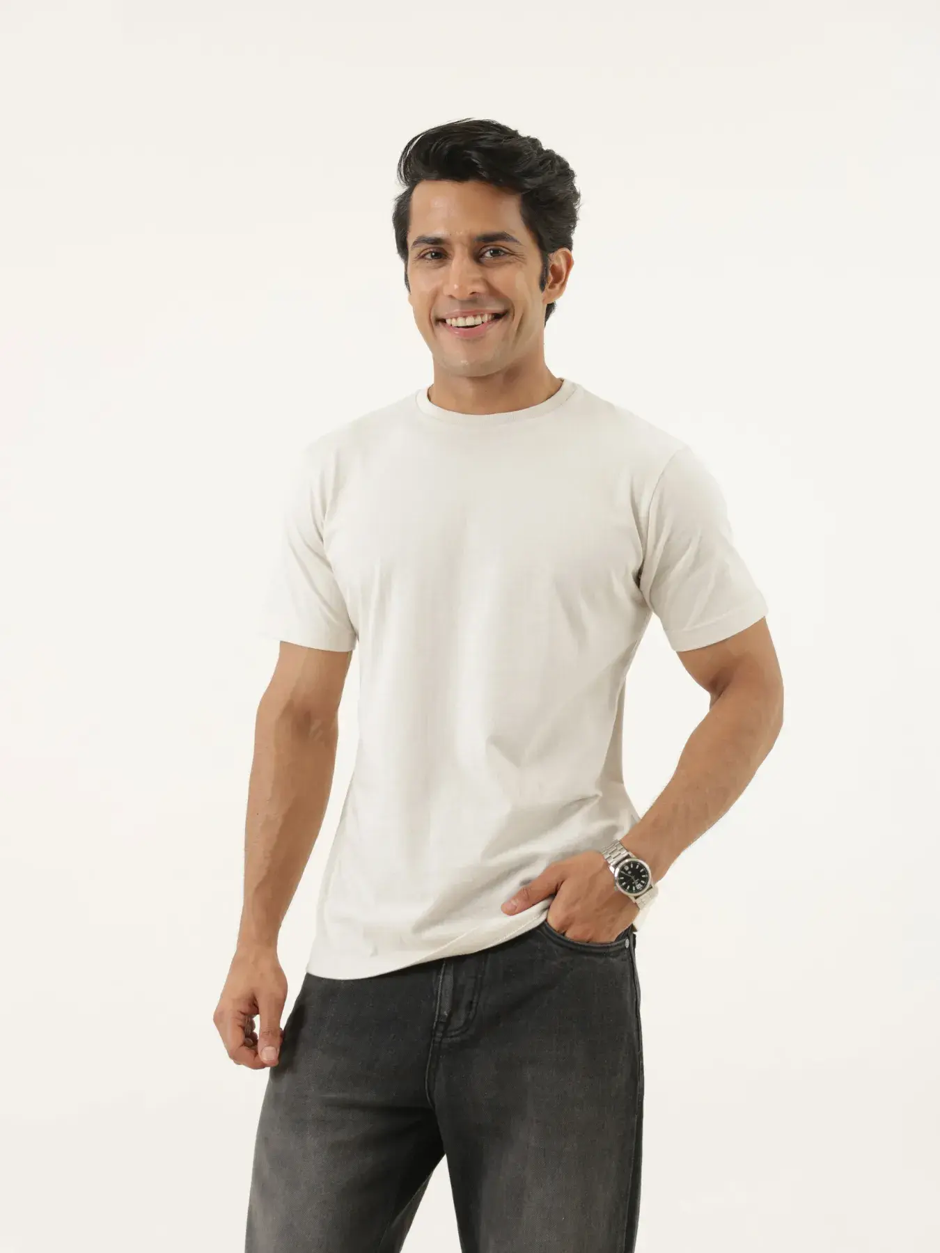 Men Off White Round Neck T-shirt