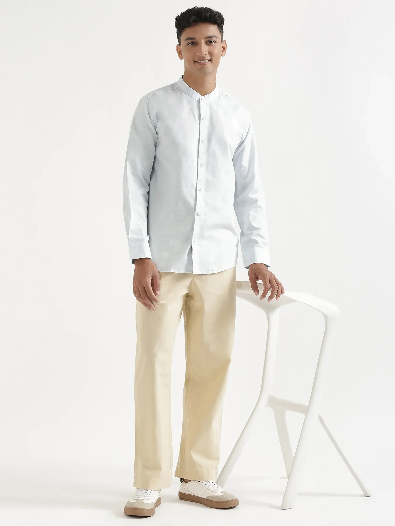 Men Powder Blue Linen Blend Mandarin Collar Shirt - Image 11