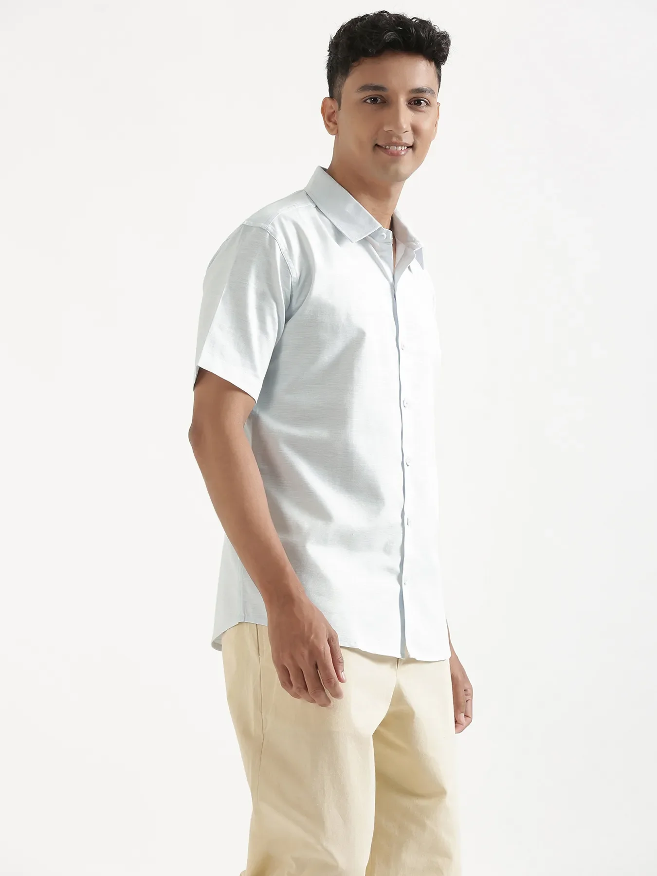 Men Powder Blue Linen Blend Short Sleeve Shirt & Beige Cotton Pant Set - Image 10