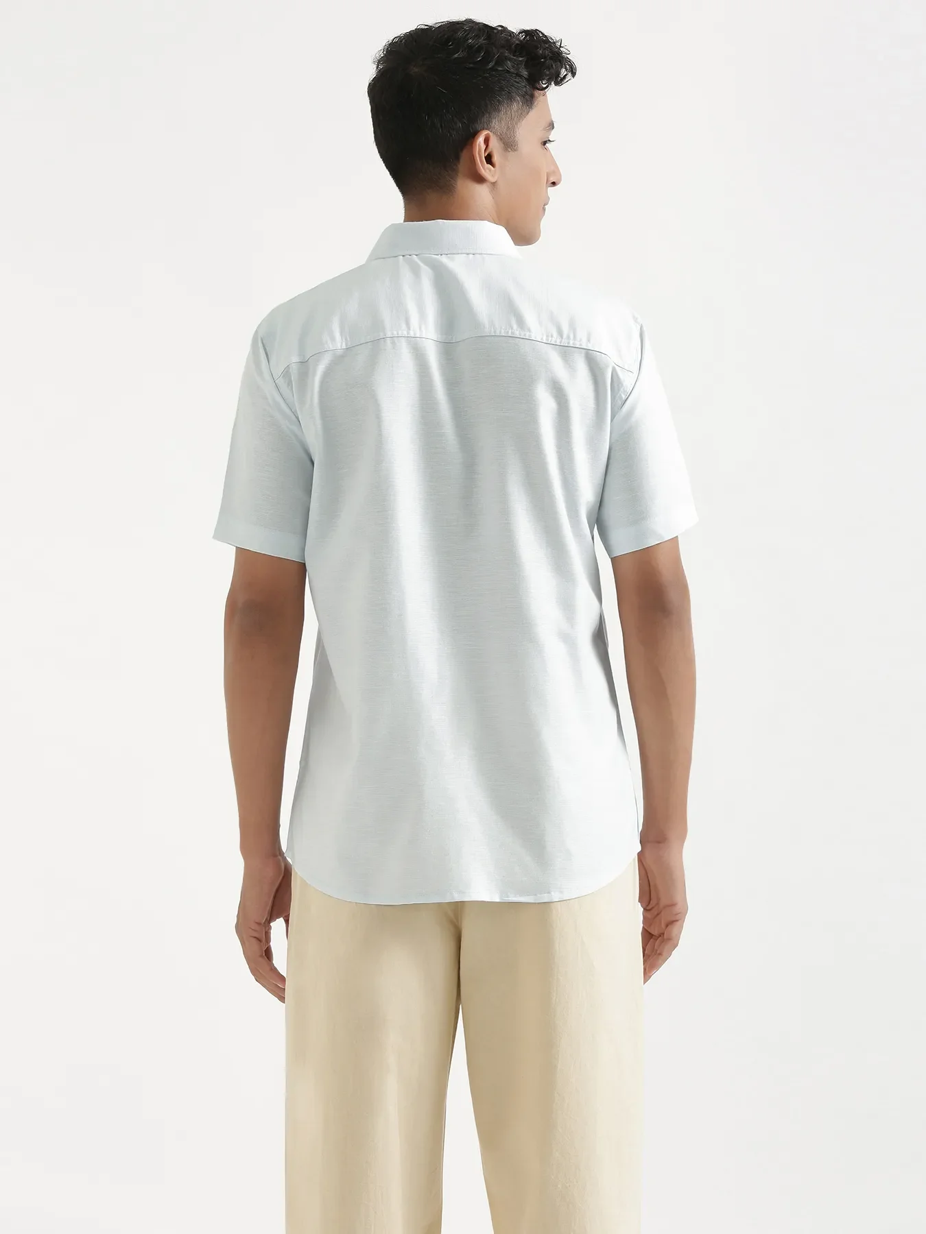 Men Powder Blue Linen Blend Short Sleeve Shirt & Beige Cotton Pant Set - Image 11
