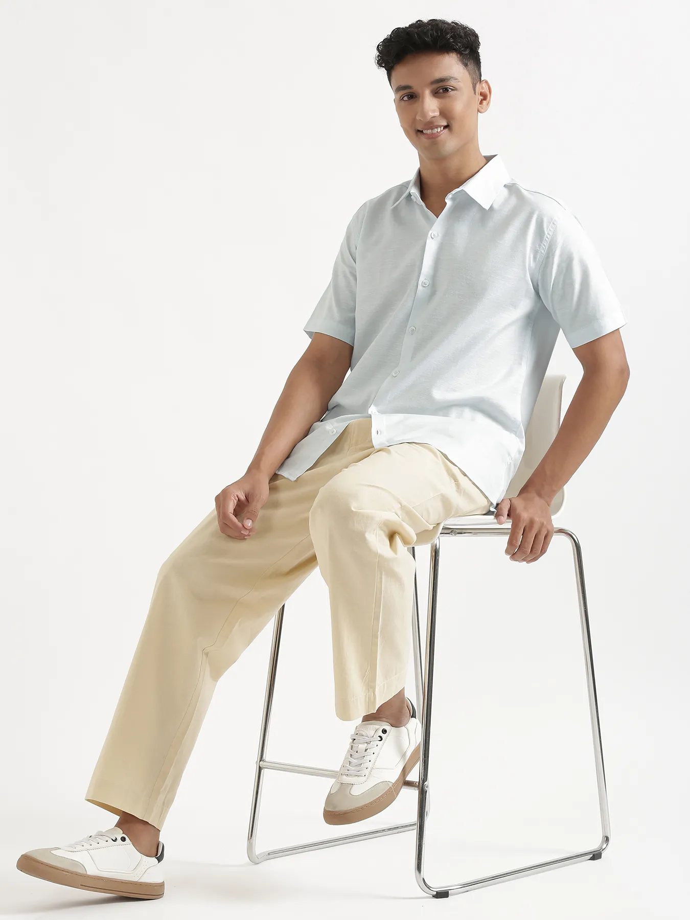 Men Powder Blue Linen Blend Short Sleeve Shirt & Beige Cotton Pant Set - Image 12