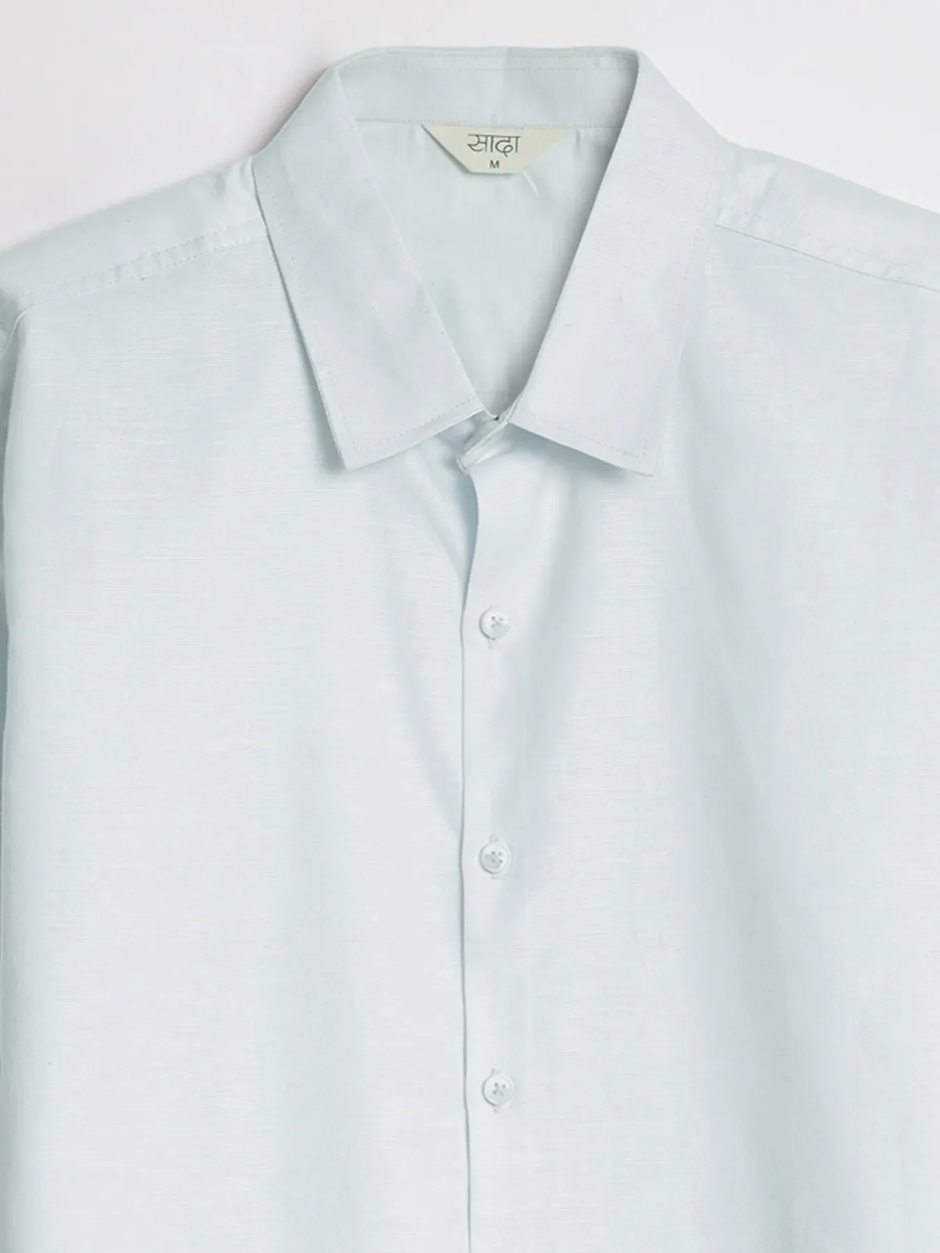 Men Powder Blue Linen Blend Short Sleeve Shirt & Beige Cotton Pant Set - Image 13