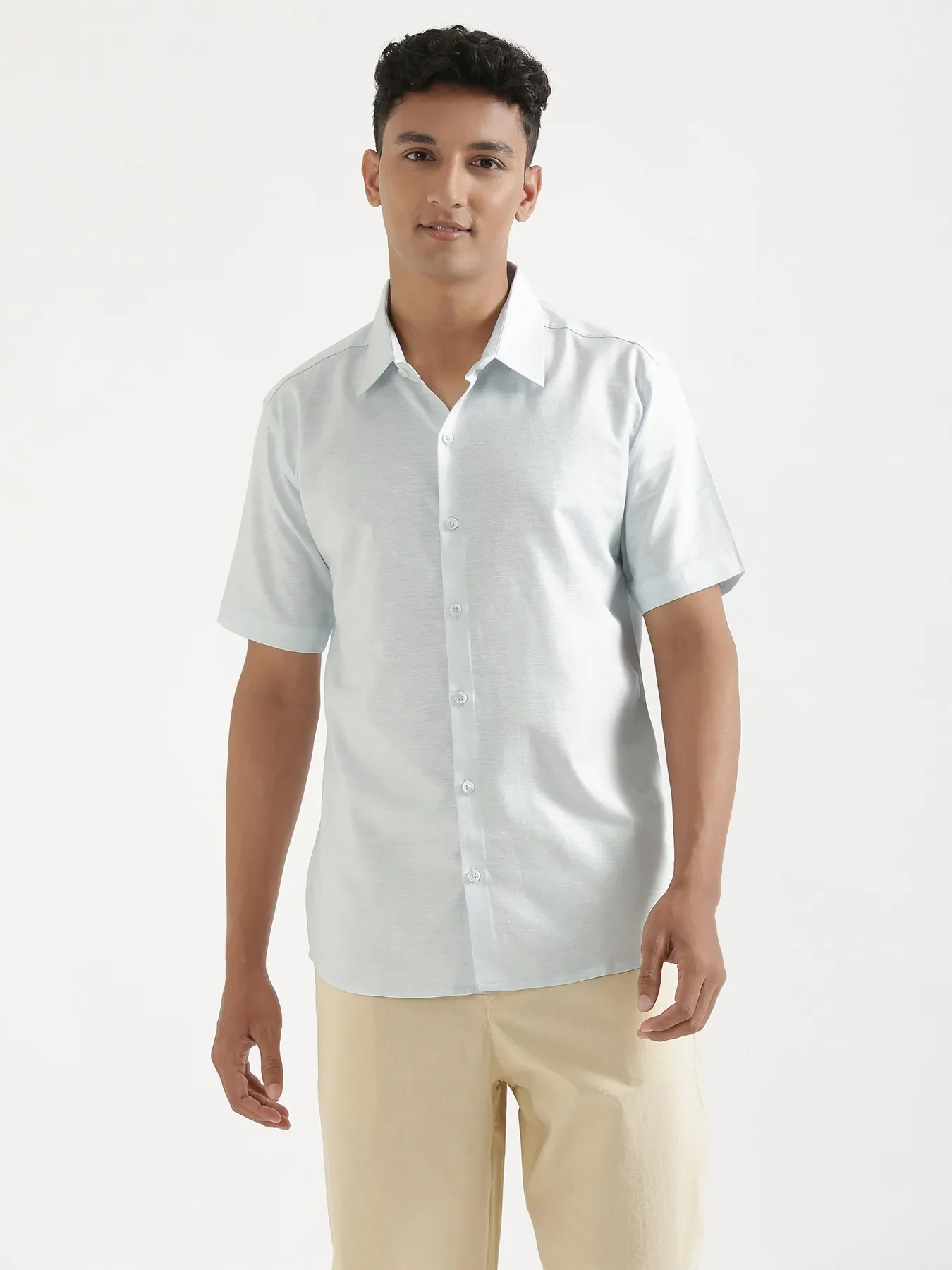 Men Powder Blue Linen Blend Short Sleeve Shirt & Beige Cotton Pant Set - Image 3