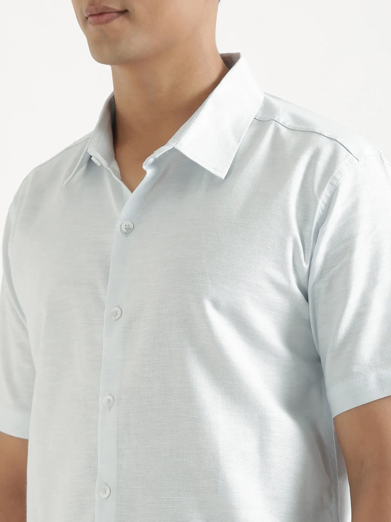 Men Powder Blue Linen Blend Short Sleeve Shirt & Beige Cotton Pant Set - Image 5