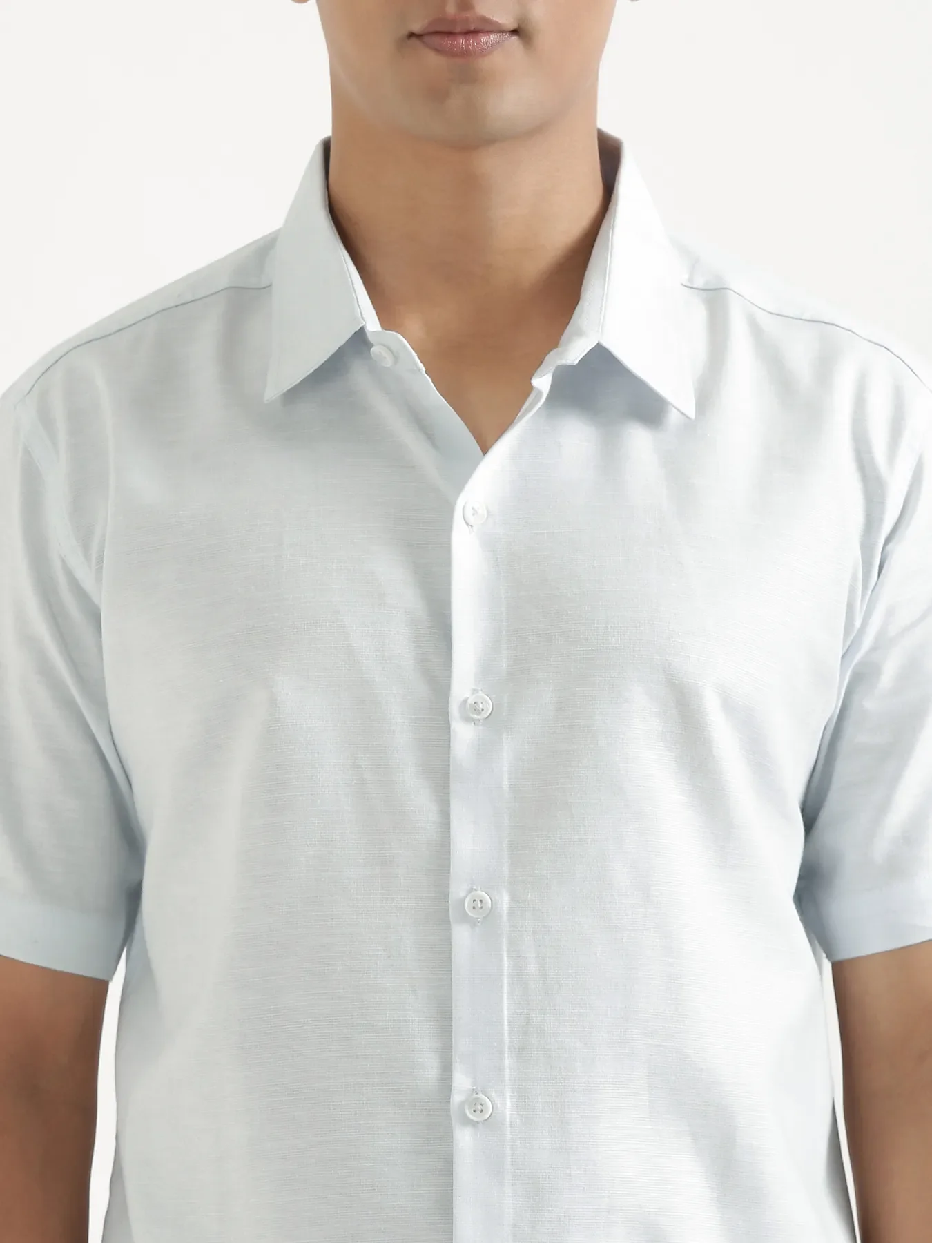 Men Powder Blue Linen Blend Short Sleeve Shirt & Beige Cotton Pant Set - Image 6