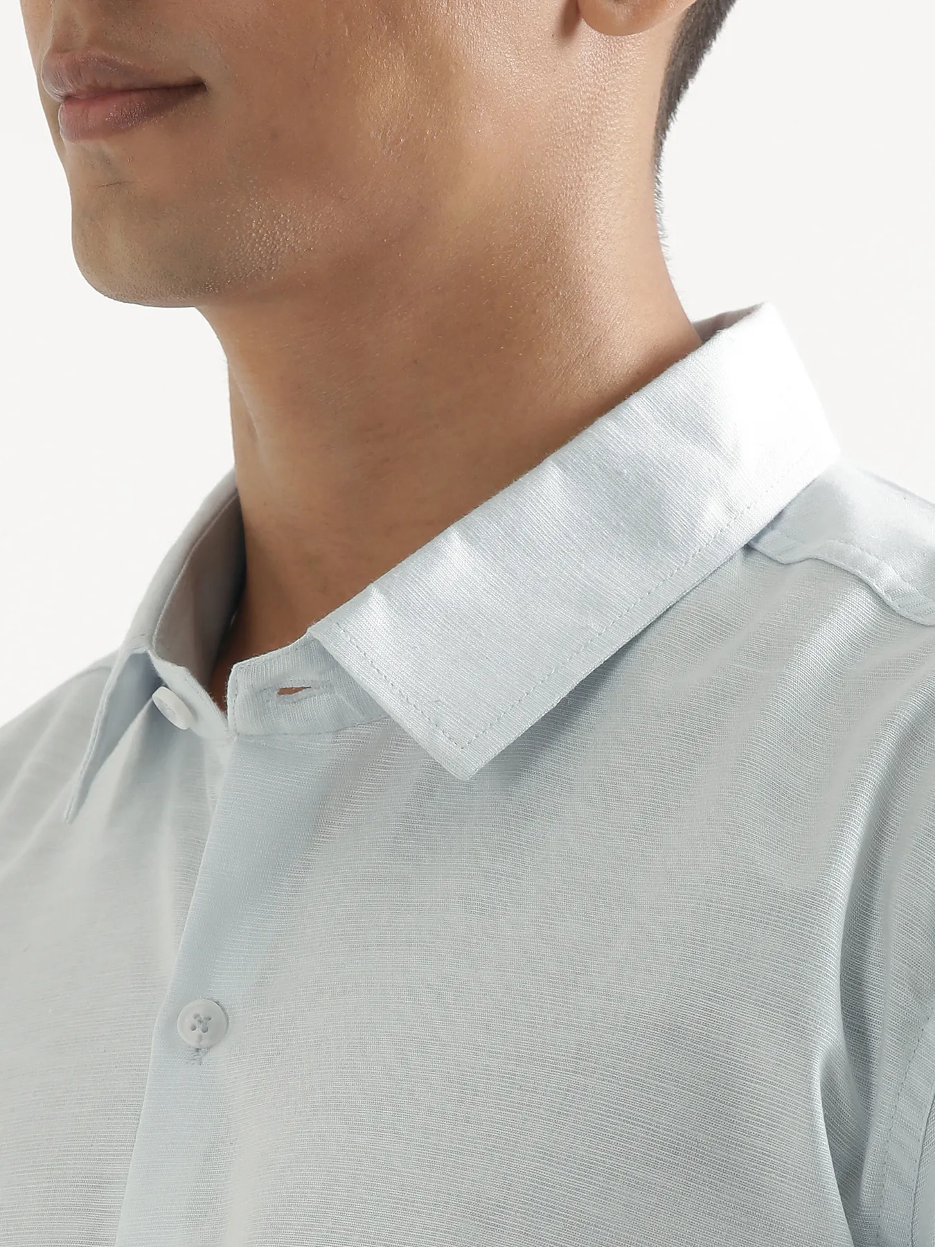 Men Powder Blue Linen Blend Short Sleeve Shirt & Beige Cotton Pant Set - Image 7