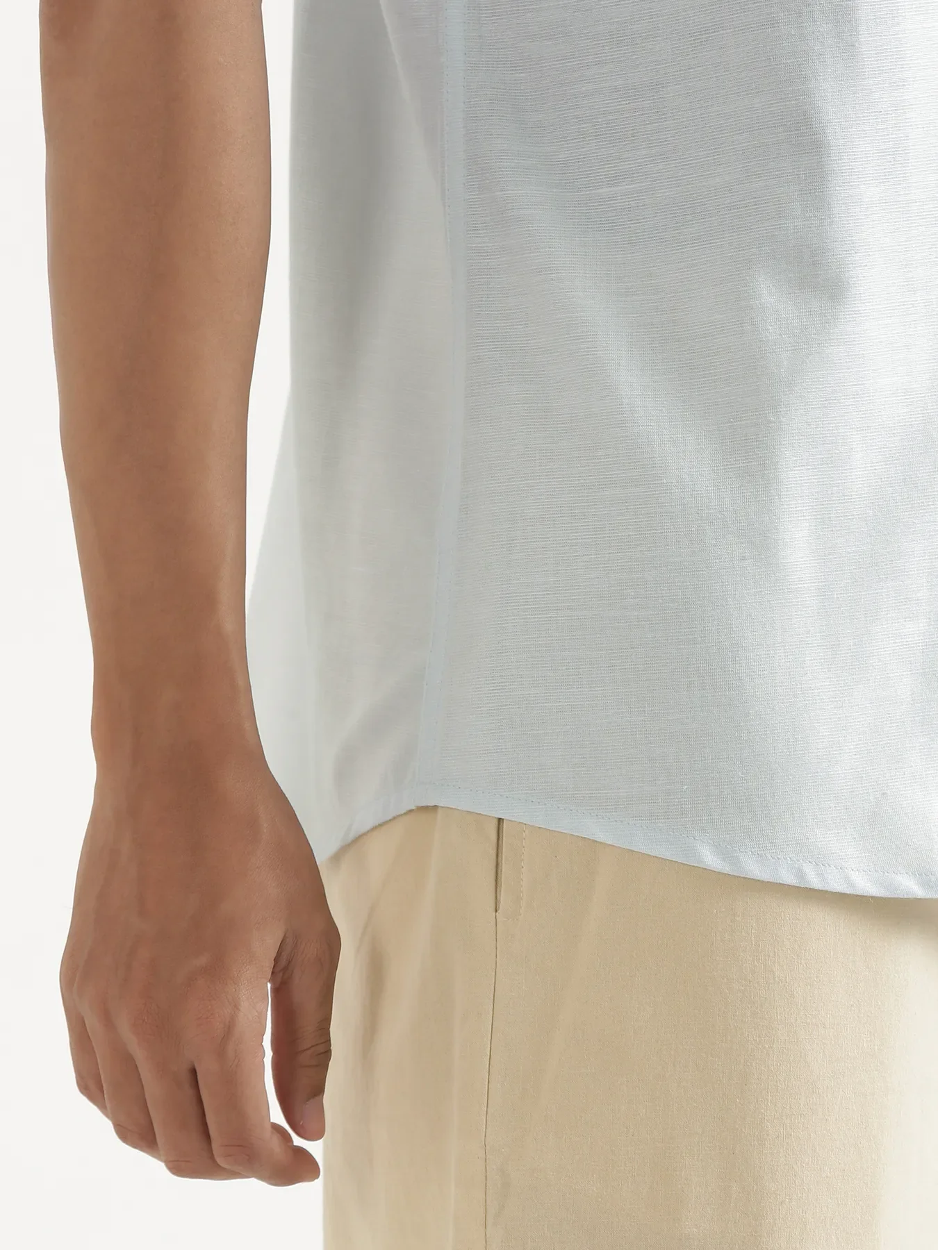 Men Powder Blue Linen Blend Short Sleeve Shirt & Beige Cotton Pant Set - Image 8