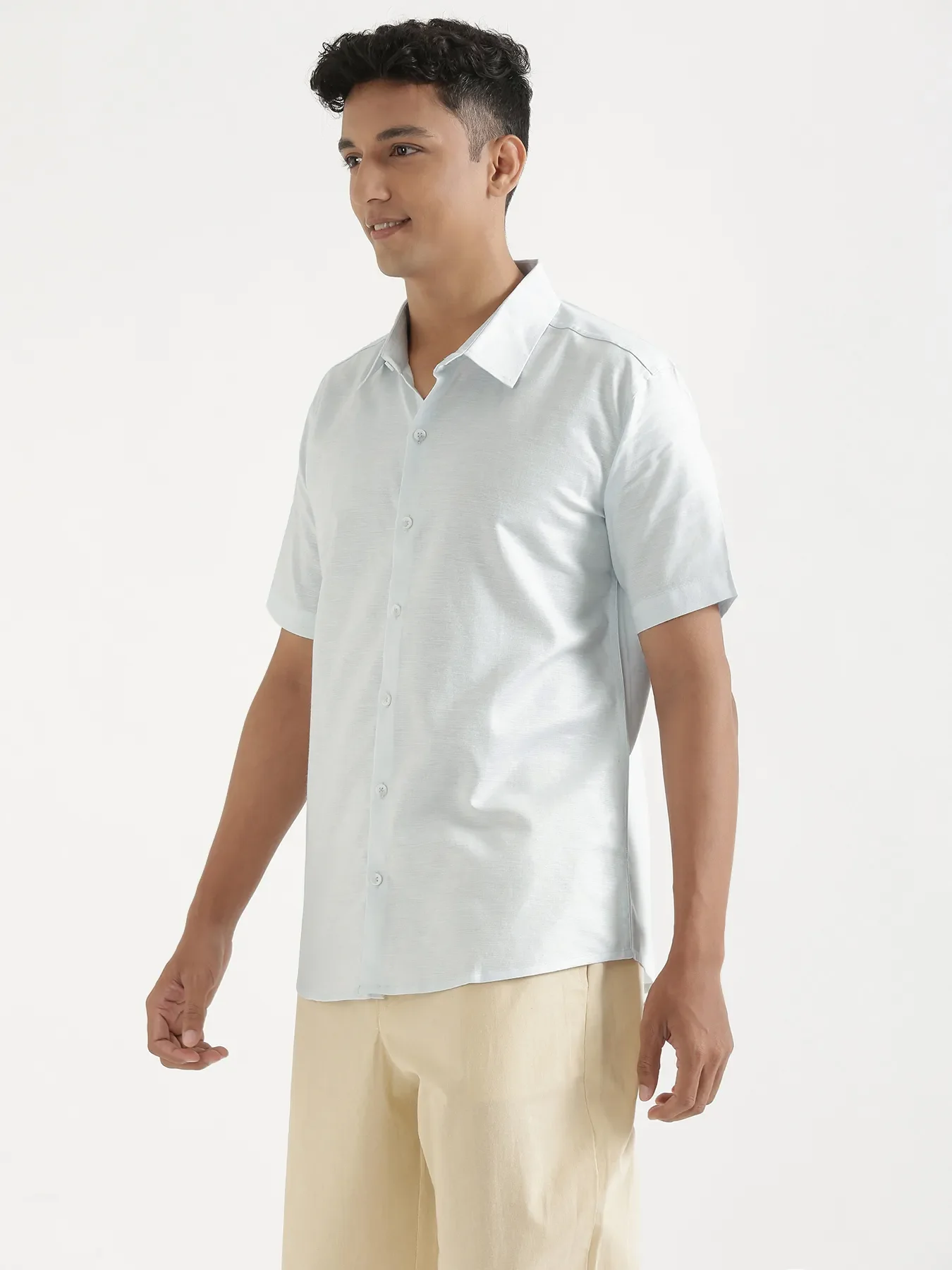 Men Powder Blue Linen Blend Short Sleeve Shirt & Beige Cotton Pant Set - Image 9