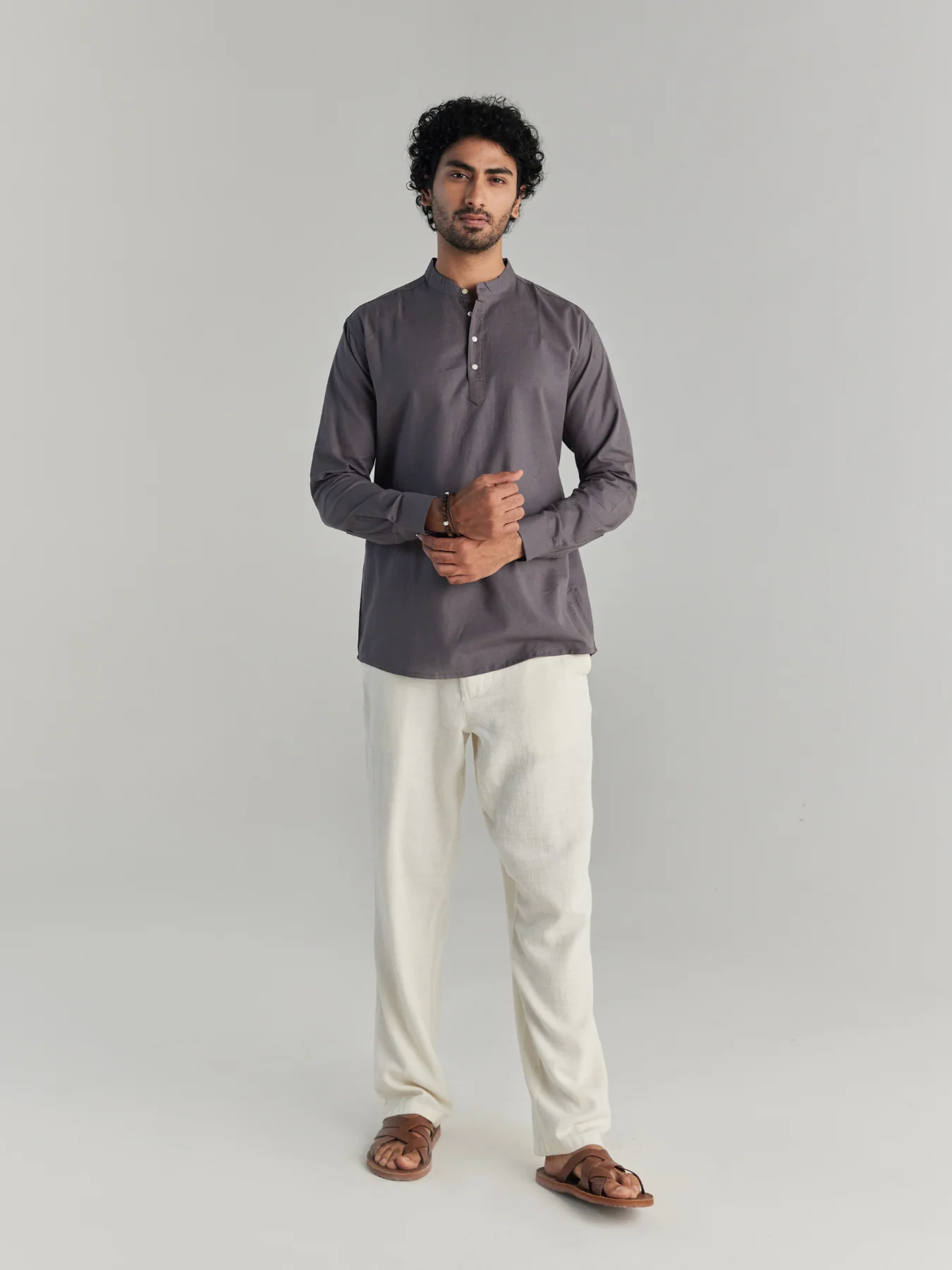 Men Slate Grey Airy Linen Short Kurtas