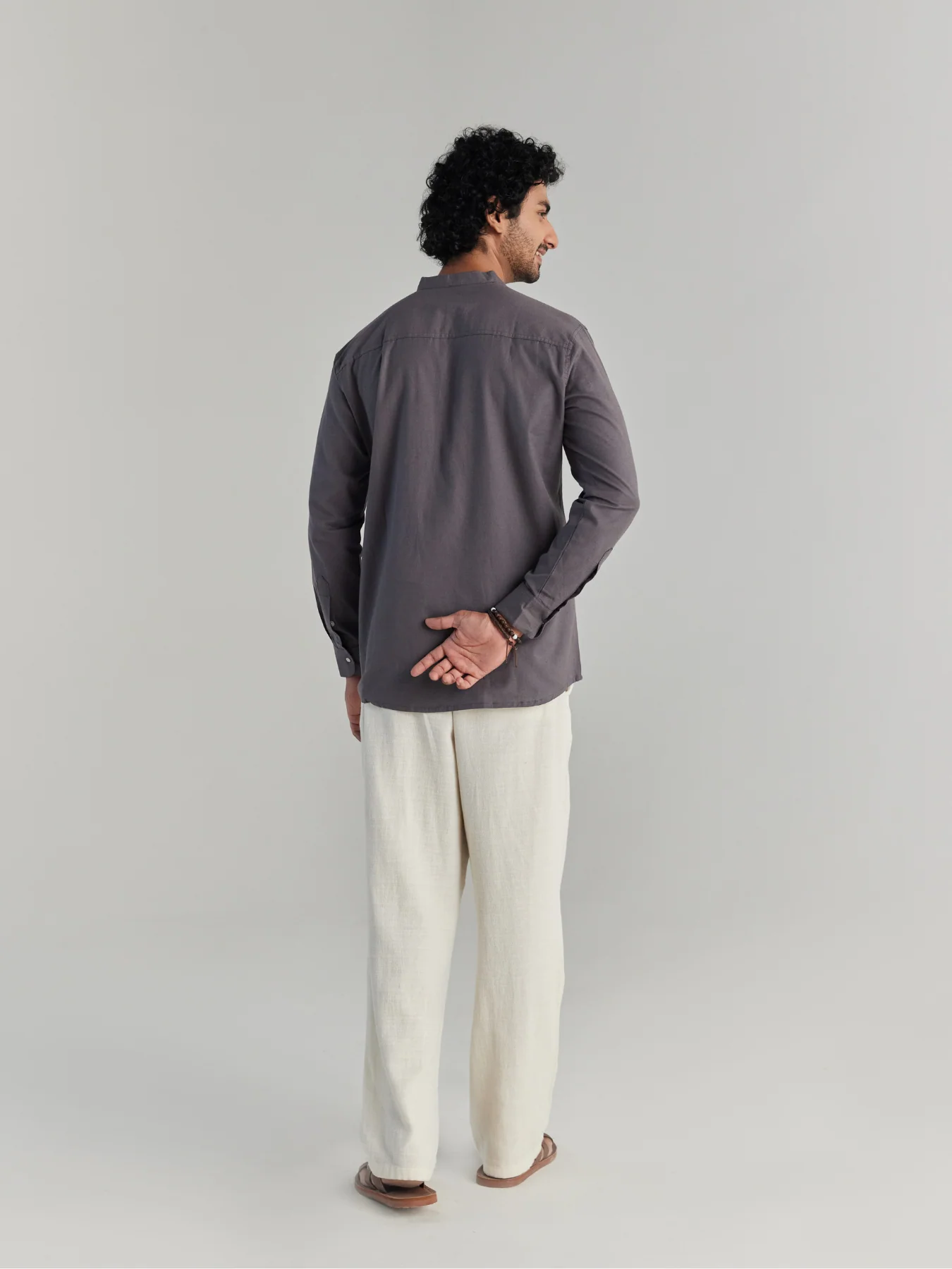 Men Slate Grey Airy Linen Short Kurtas - Image 3