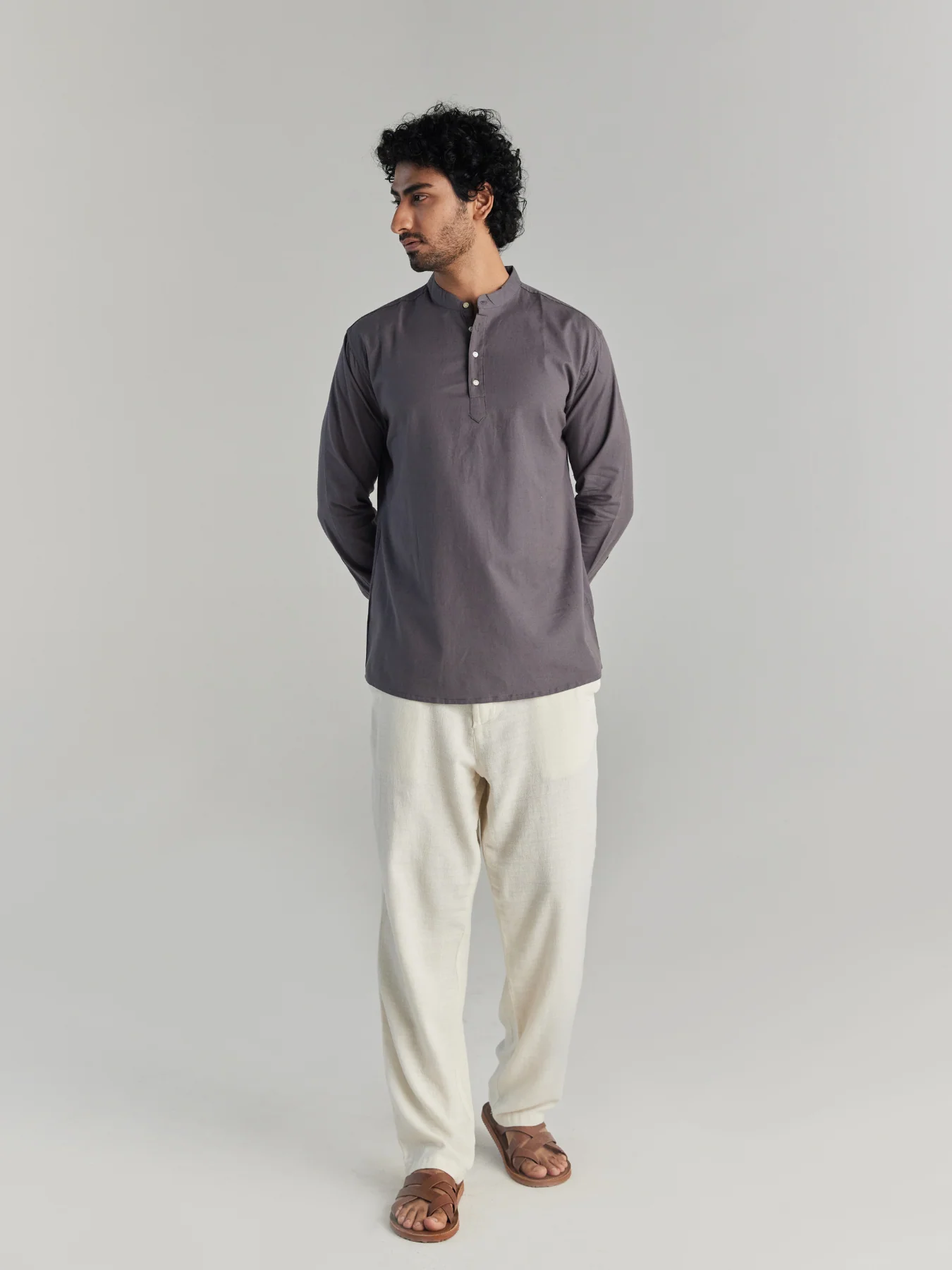 Men Slate Grey Airy Linen Short Kurtas - Image 4