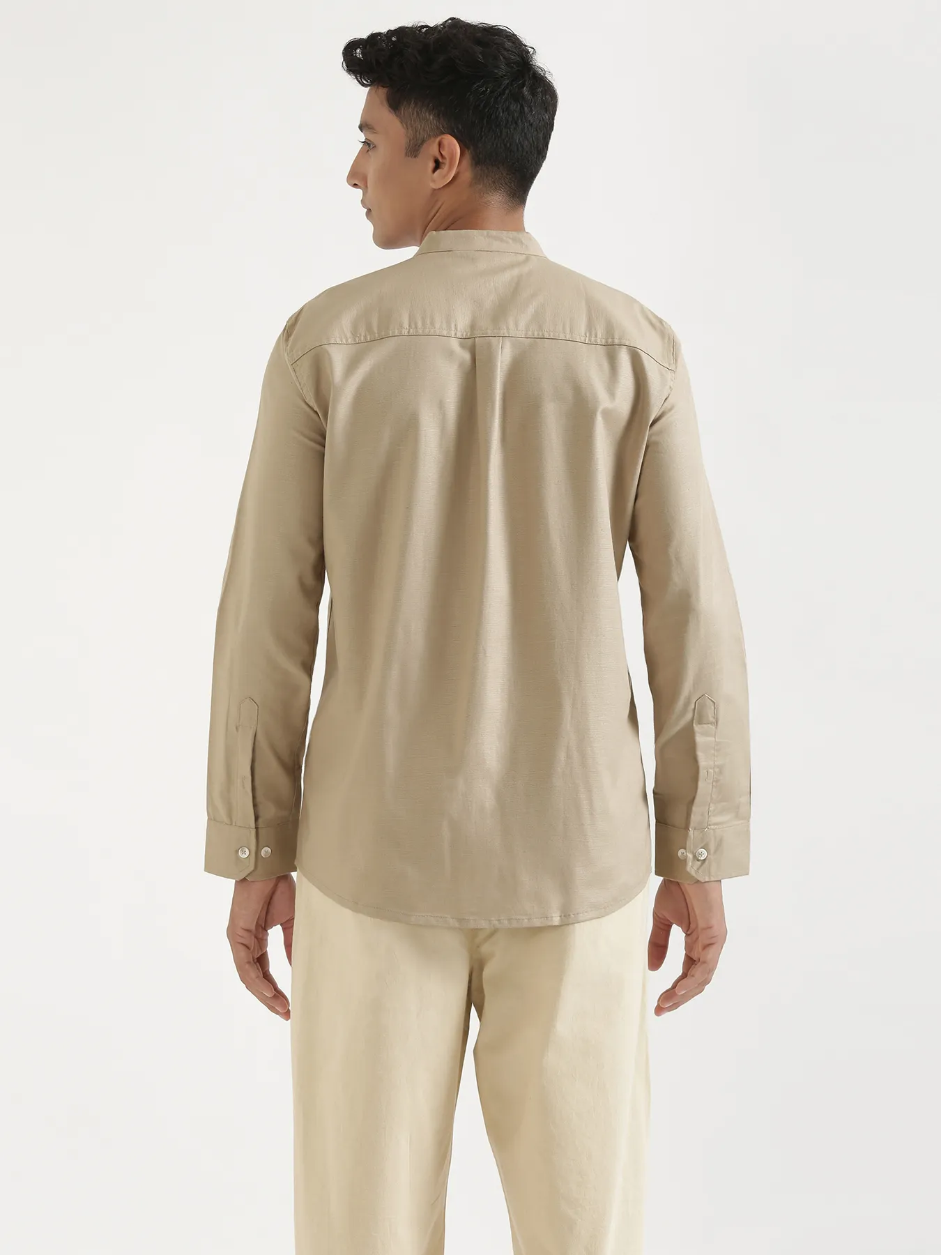 Men Taupe Linen Blend Mandarin Collar Shirt - Image 10