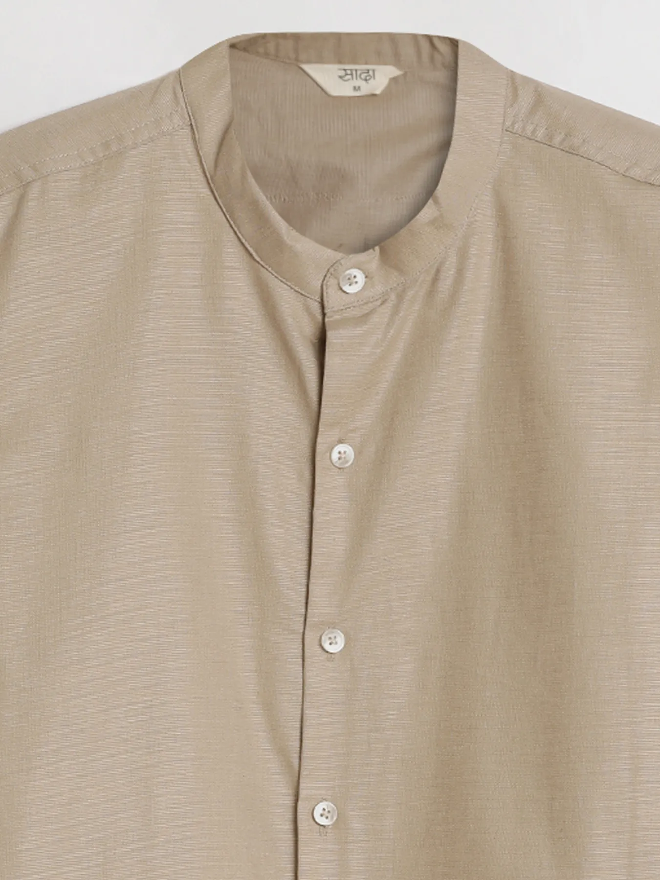 Men Taupe Linen Blend Mandarin Collar Shirt - Image 13